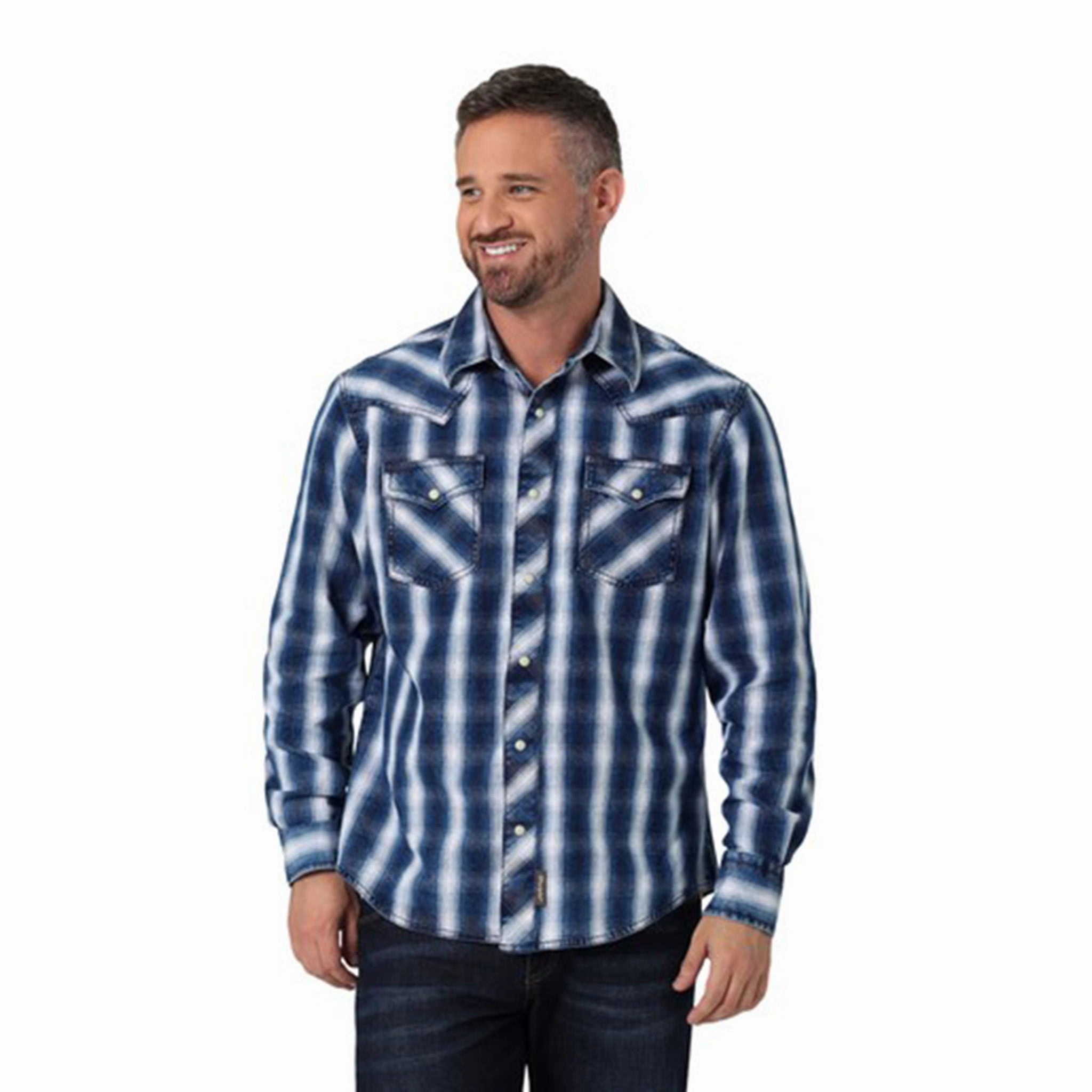 Eco Friendly Material Wrangler Men's Blue/White Striped Long Sleeve Shirt