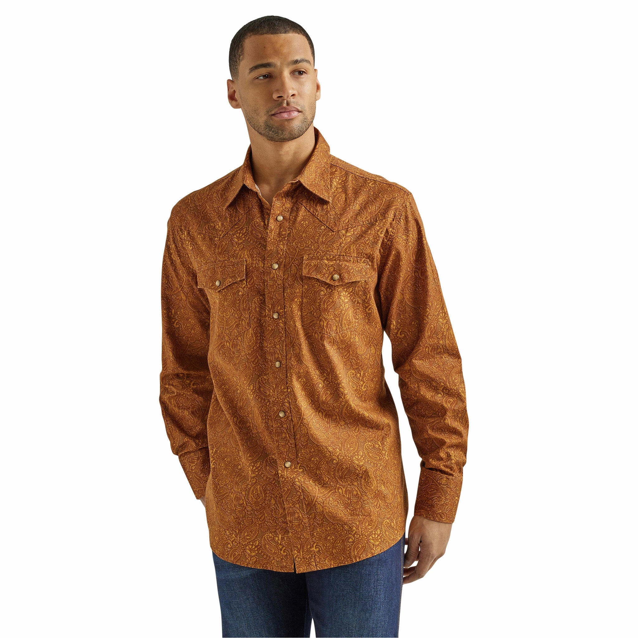 Asymmetrical Cut Sheer Panel Wrangler Men's Brown Tool Print Shirt