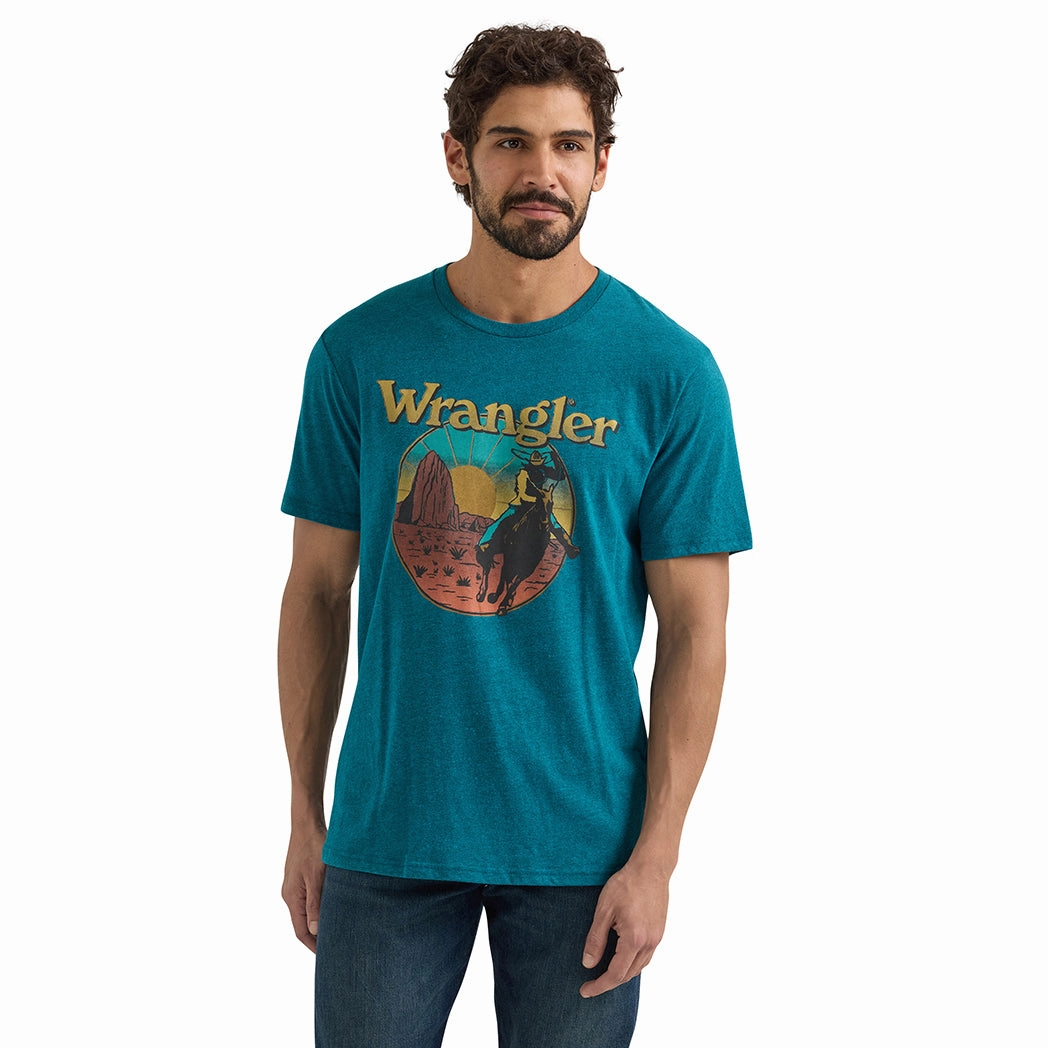 Wrangler Men's Cyan Pepper Heather Graphic T-Shirt Non Chafe Seams Flexible Placket Structure