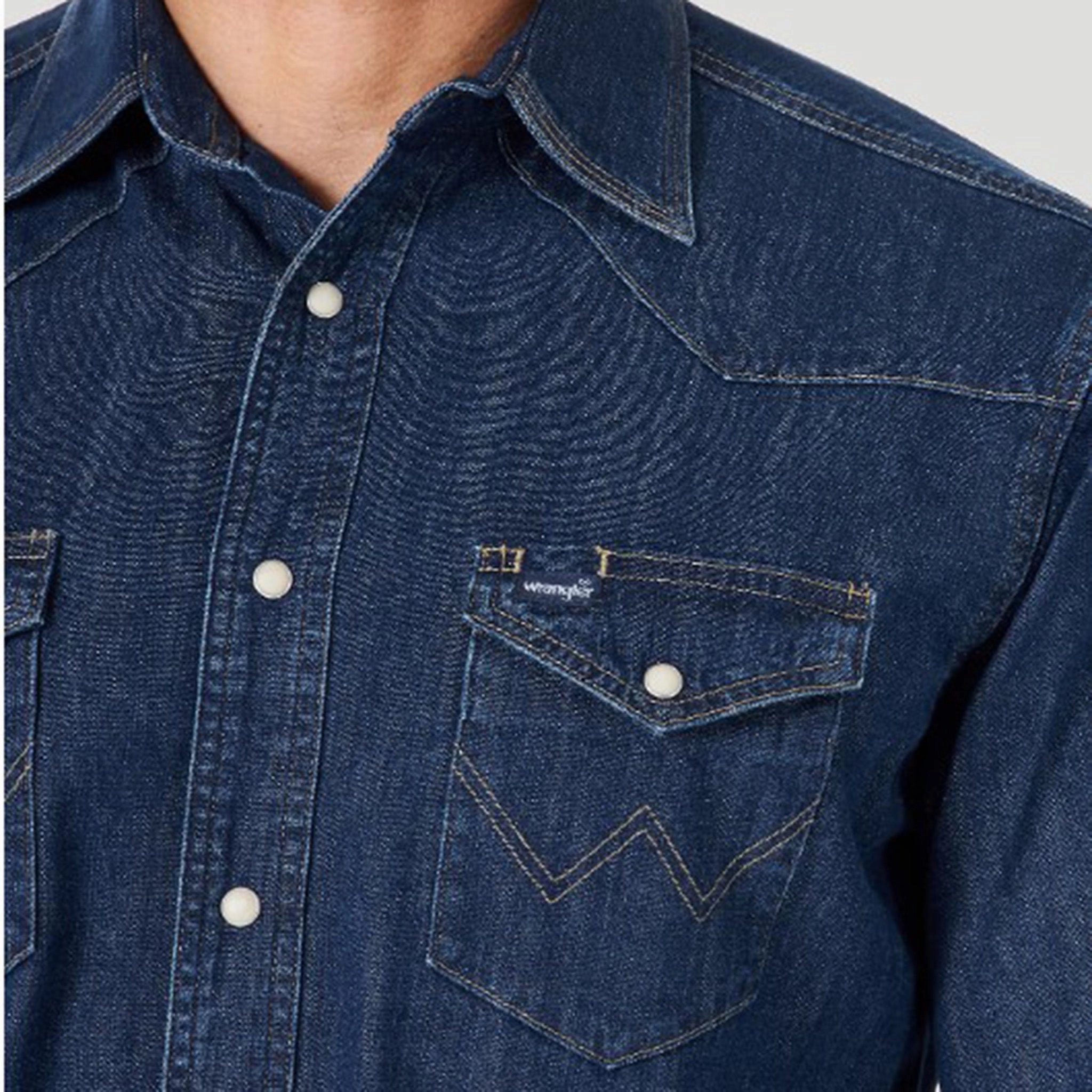 Multi Layer Stitching Wrangler Men's Dark Denim Snap Shirt