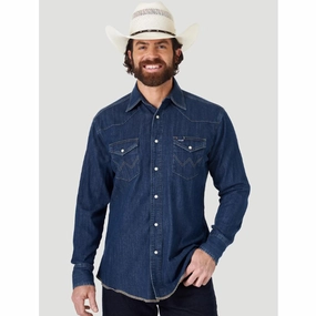 Wrangler Men's Dark Denim Snap Shirt fade resistant color