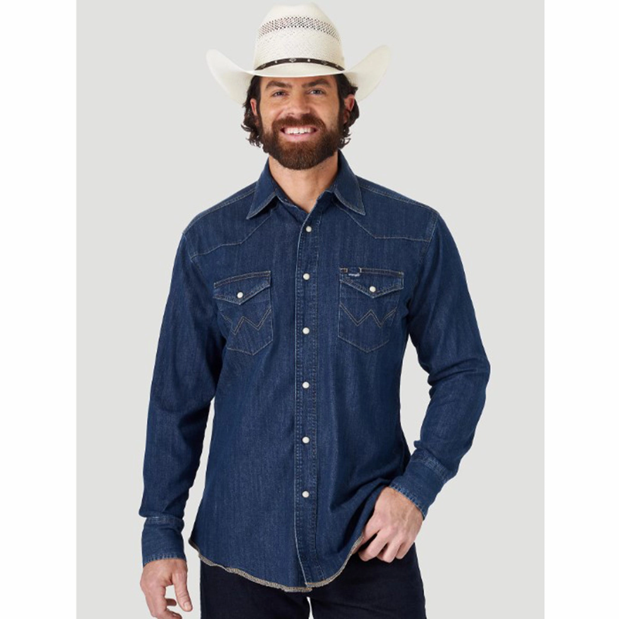 Adjustable Cuffs Pocket Detailing Wrangler Men's Dark Denim Snap Shirt