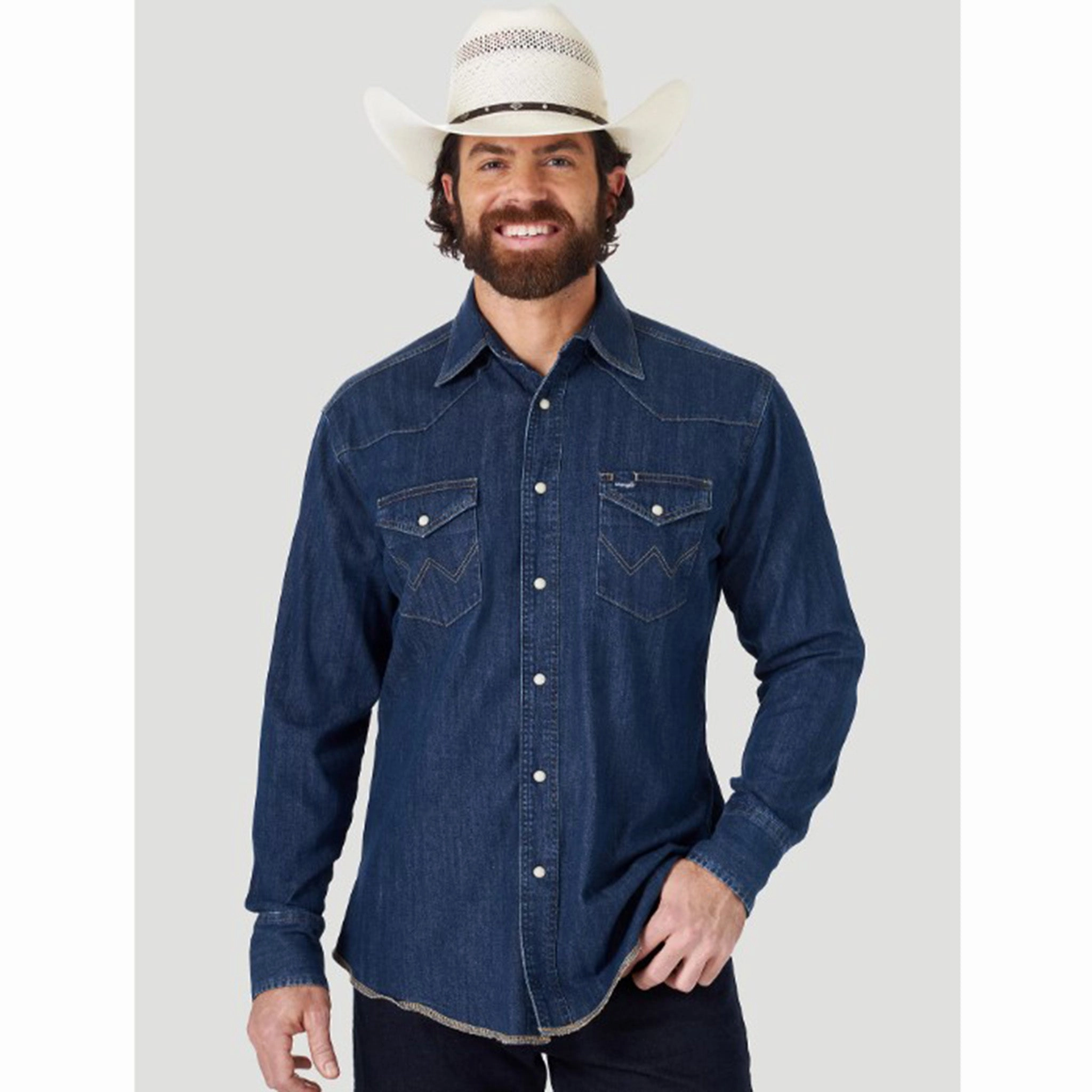 Wrangler Men's Dark Denim Snap Shirt fade resistant color
