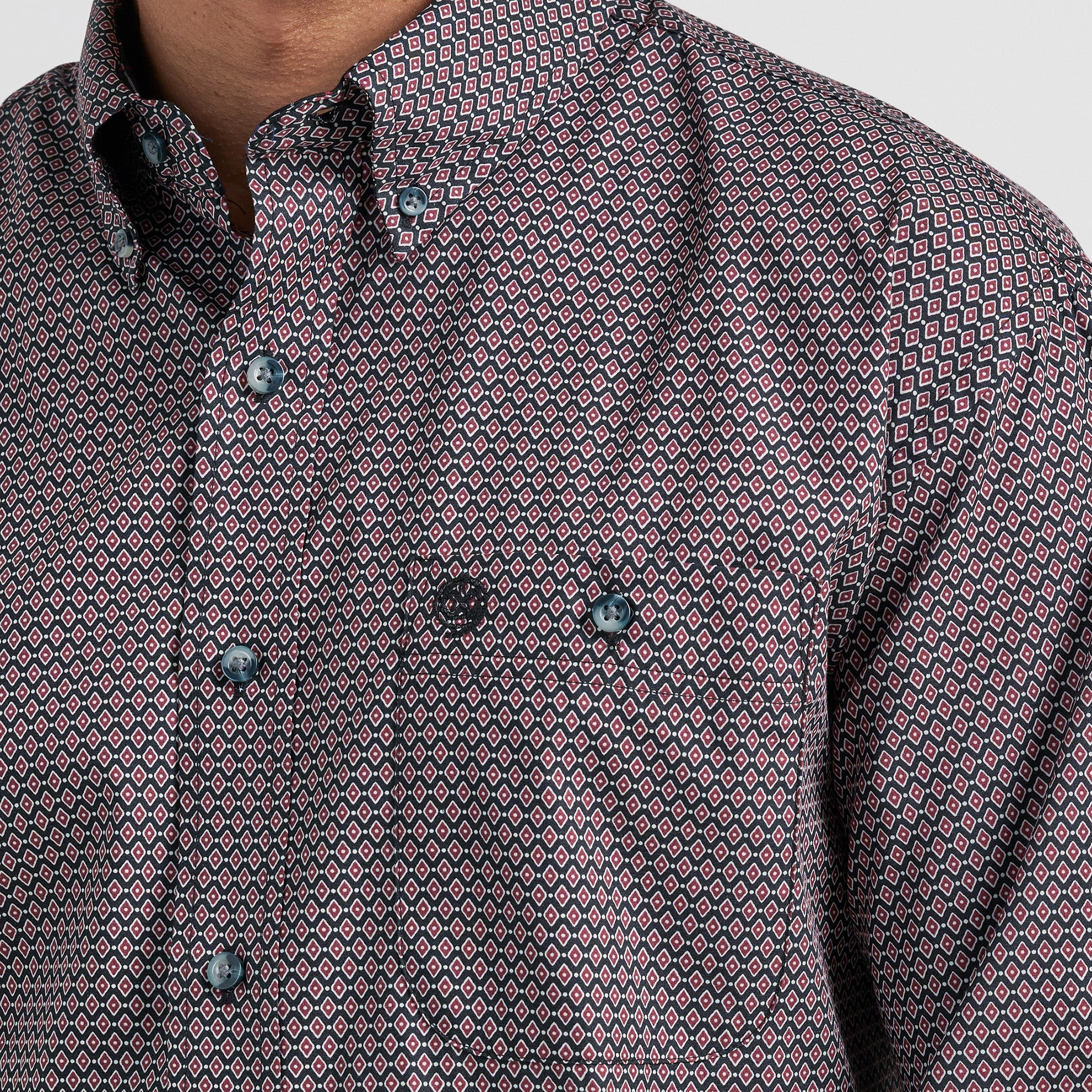 Double Stitched Hems Wrangler Men's George Strait Red & Navy Geo Print Long Sleeve