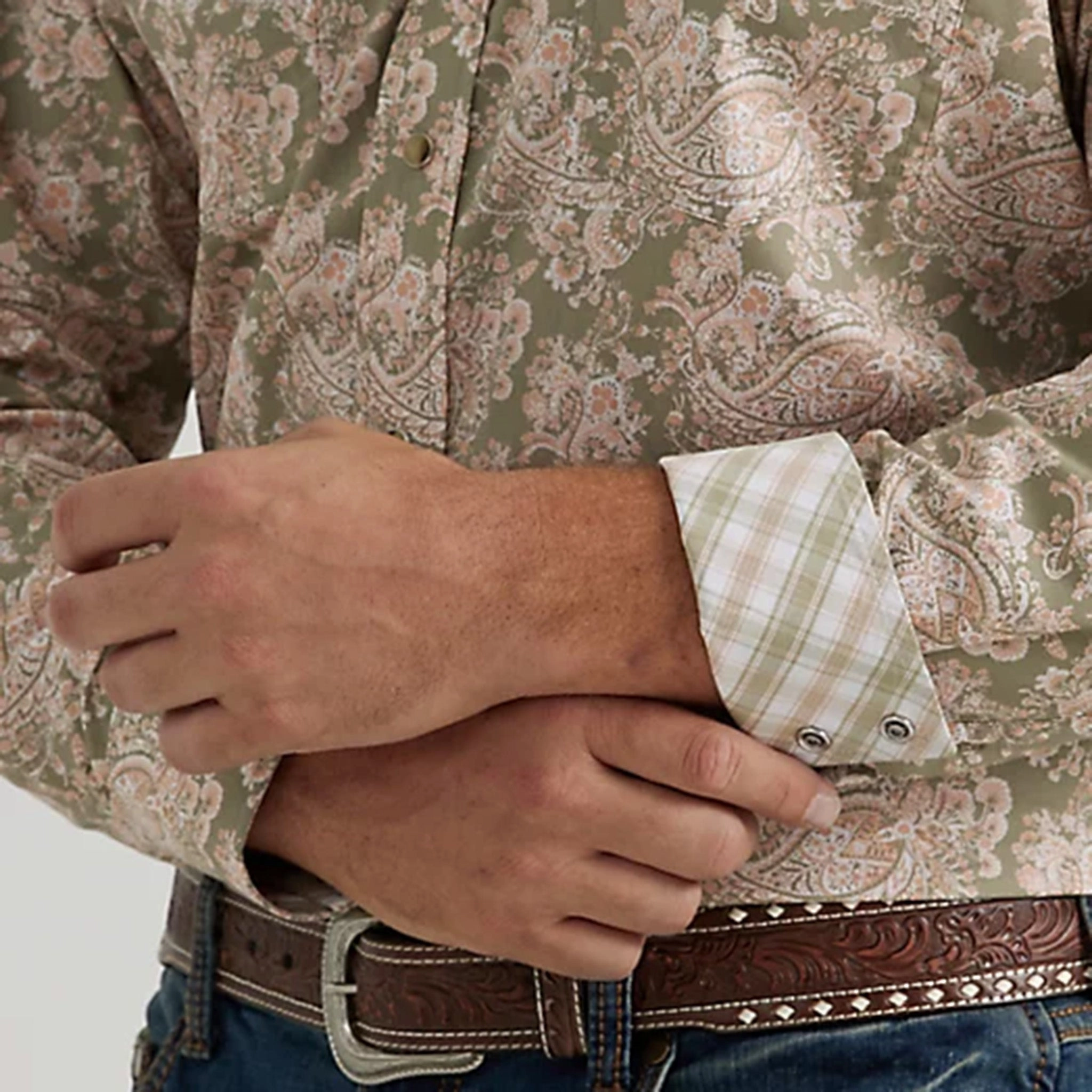 Wrangler Men's Green & Tan Paisley Print Shirt Corporate Retreat