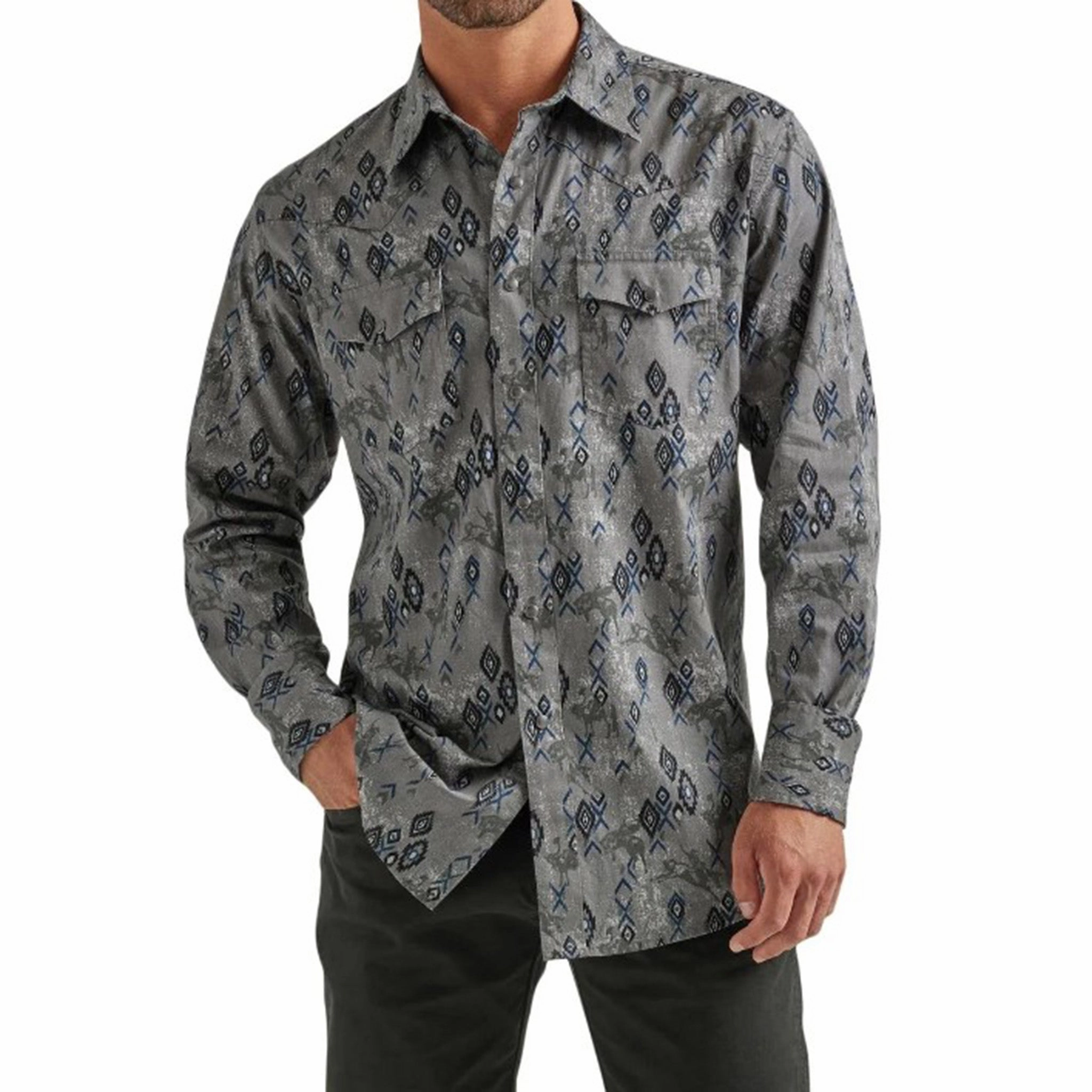 Wrangler Men's Grey Aztec Shirt Geometric Design