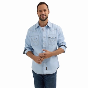 Wrangler Men's Ice Blue Retro Long Sleeve Distressed finish