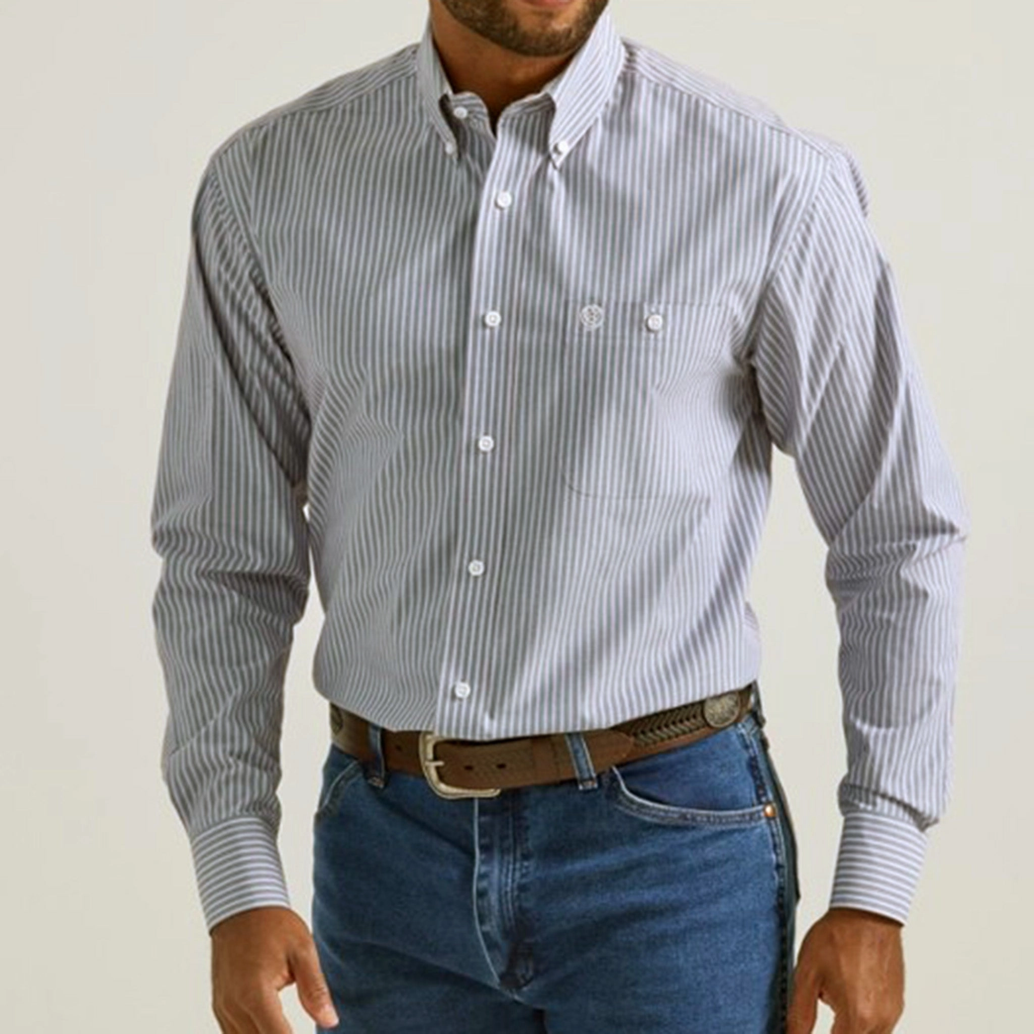 Wrangler Men's Light Blue Pinstripe Long Sleeve Sports Ready