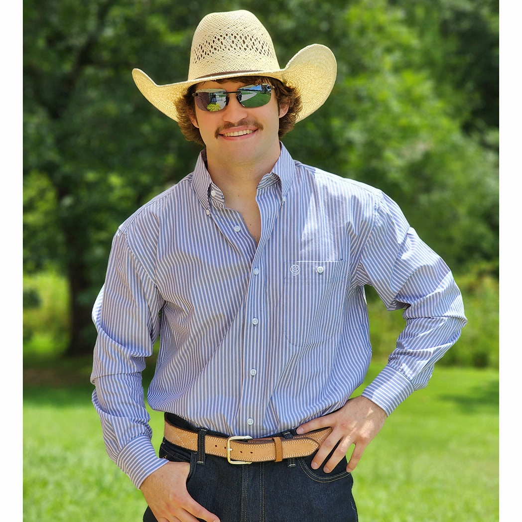 Wrangler Men's Light Blue Pinstripe Long Sleeve Comfy Fit Functional Fashion