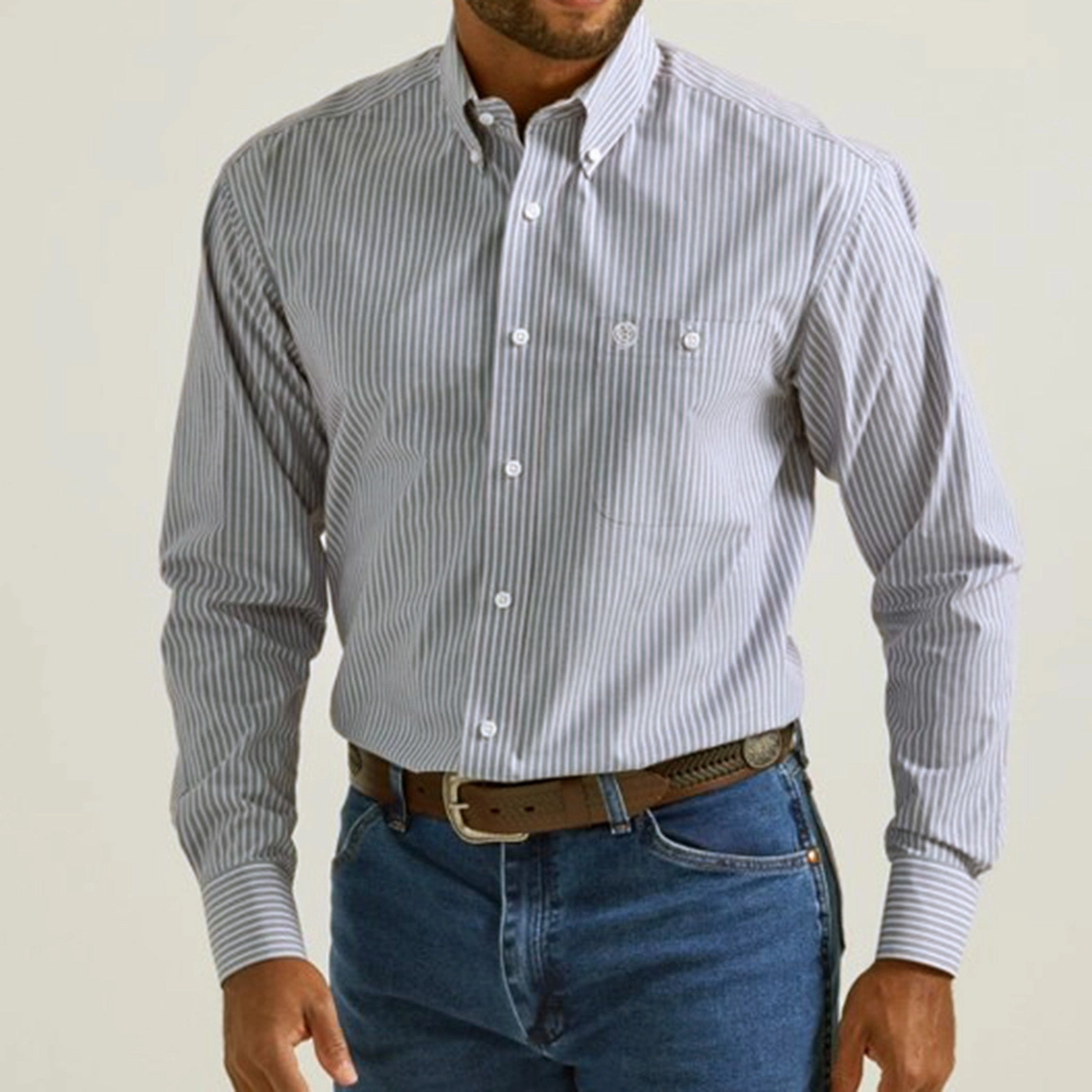 Wrangler Men's Light Blue Pinstripe Long Sleeve Non Iron Athletic Look