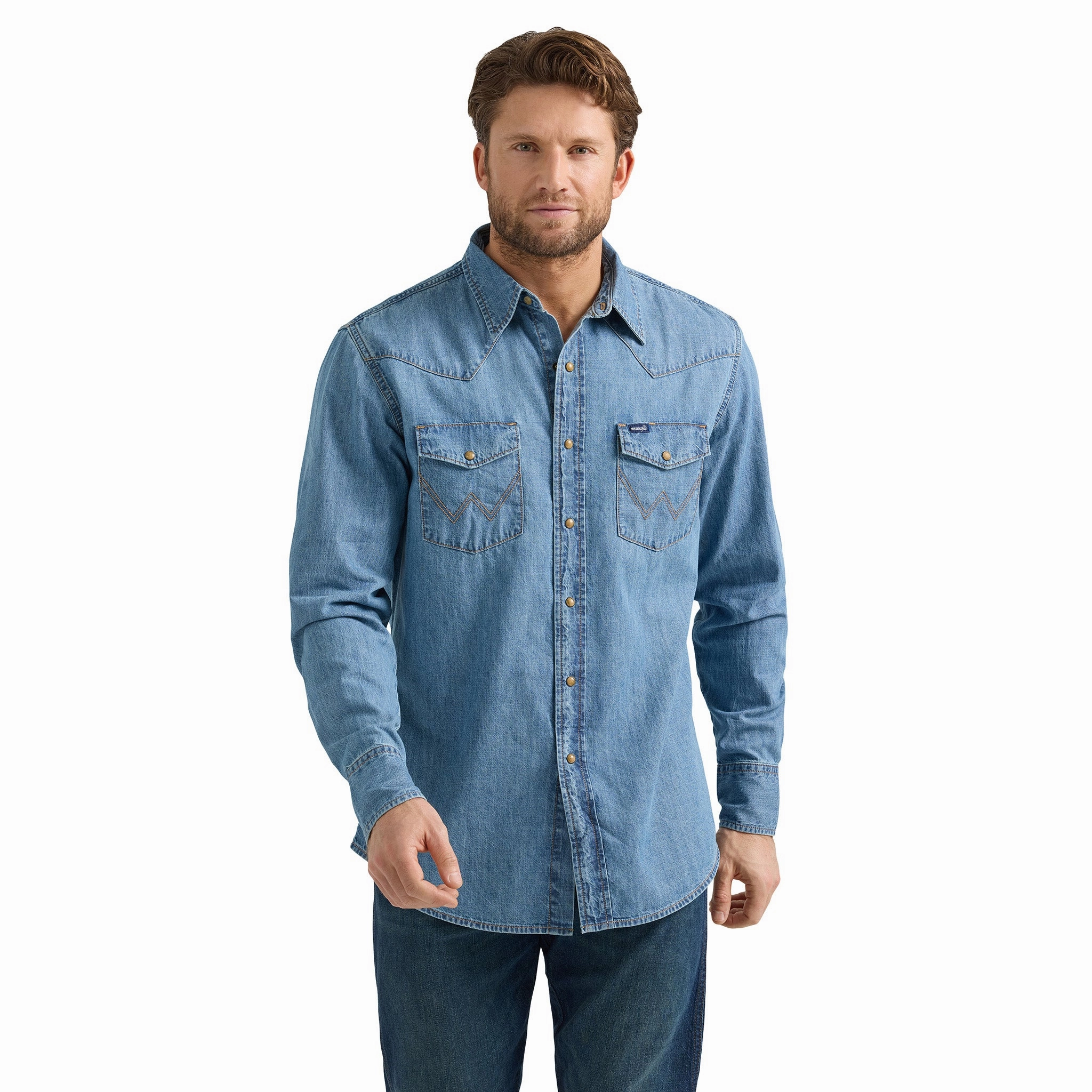 Coastal Vibes Premium Pima Cotton Wrangler Men's Light Wash Denim Snap Long Sleeve Shirt
