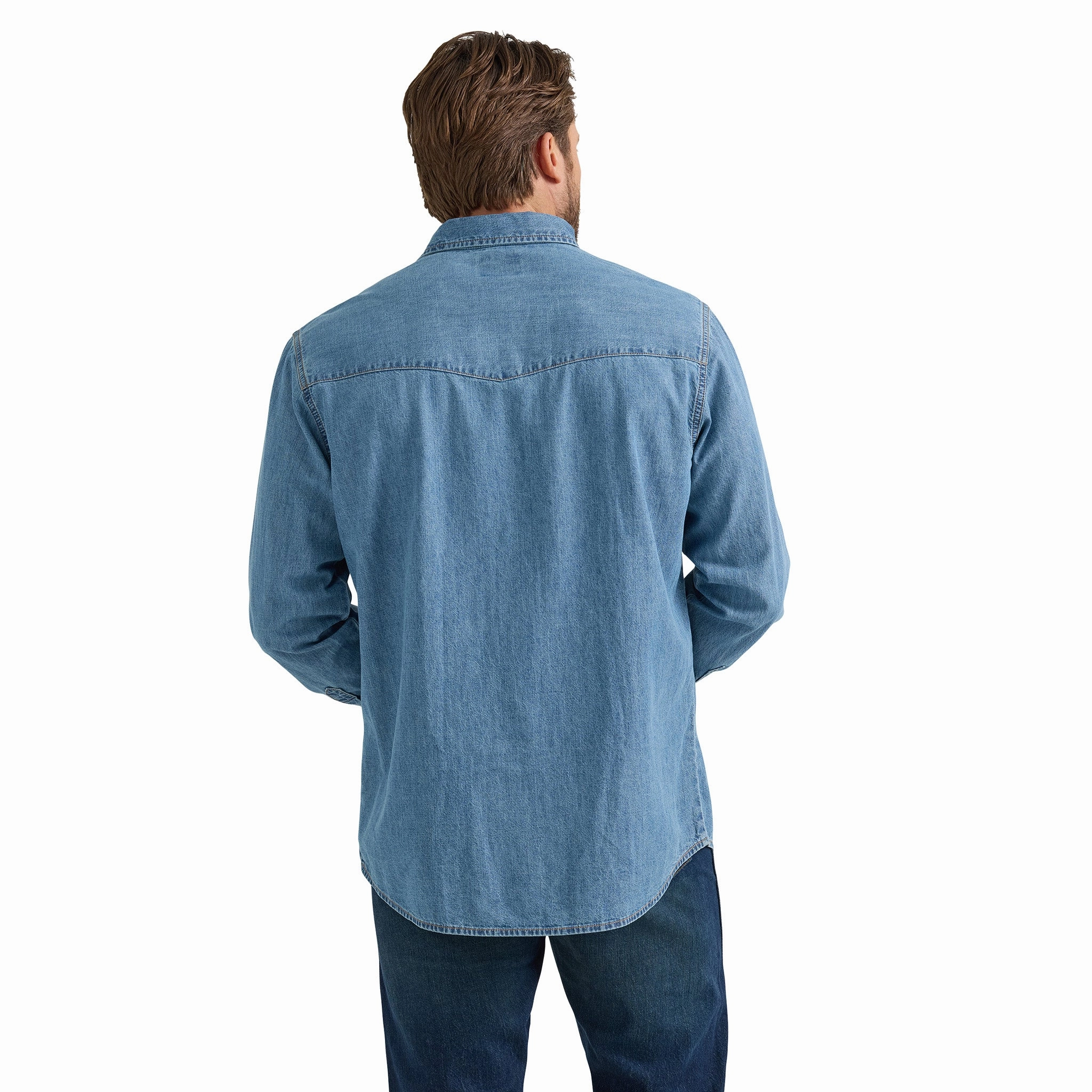 Vibrant Hue Micro Perforated Texture Wrangler Men's Light Wash Denim Snap Long Sleeve Shirt