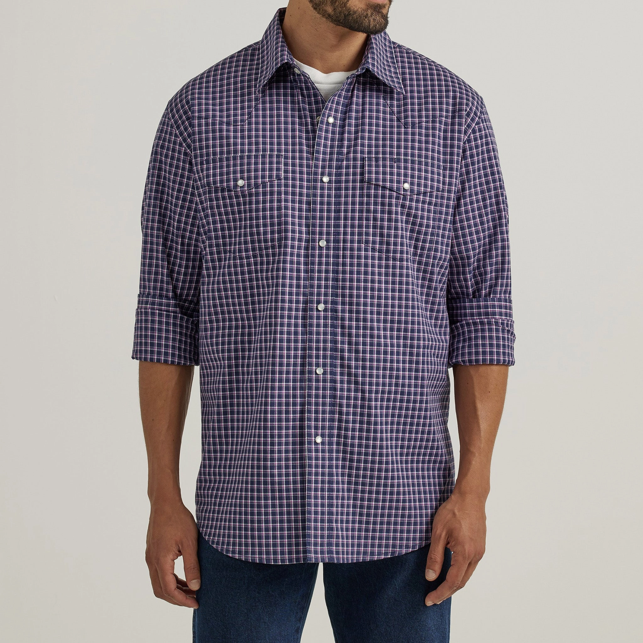 Functional Pocket Wrangler Men's Navy/Purple Plaid Wrinkle Resistant Long Sleeve