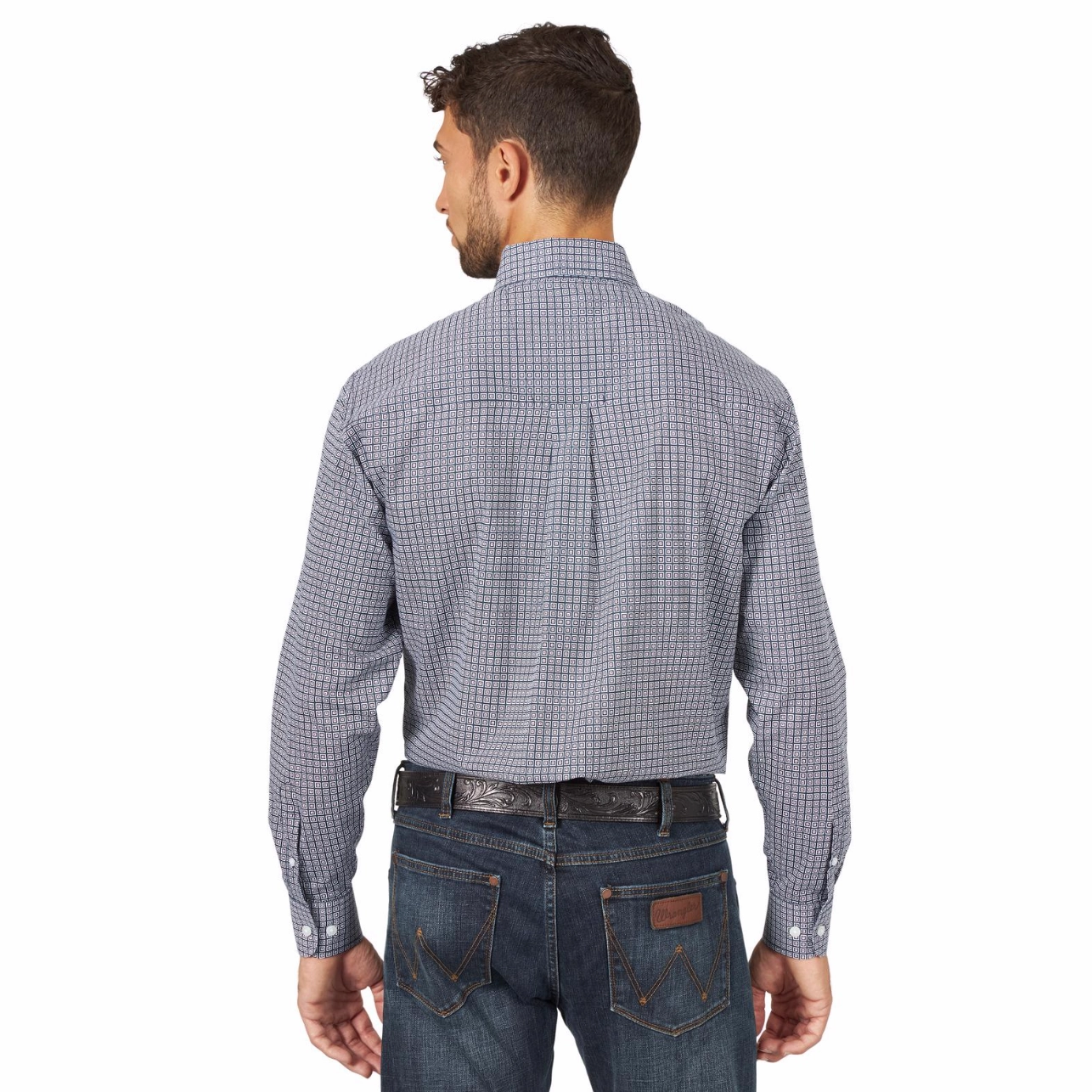 Brushed Inner Lining Wrangler Men's Navy Square Print Long Sleeve Shirt