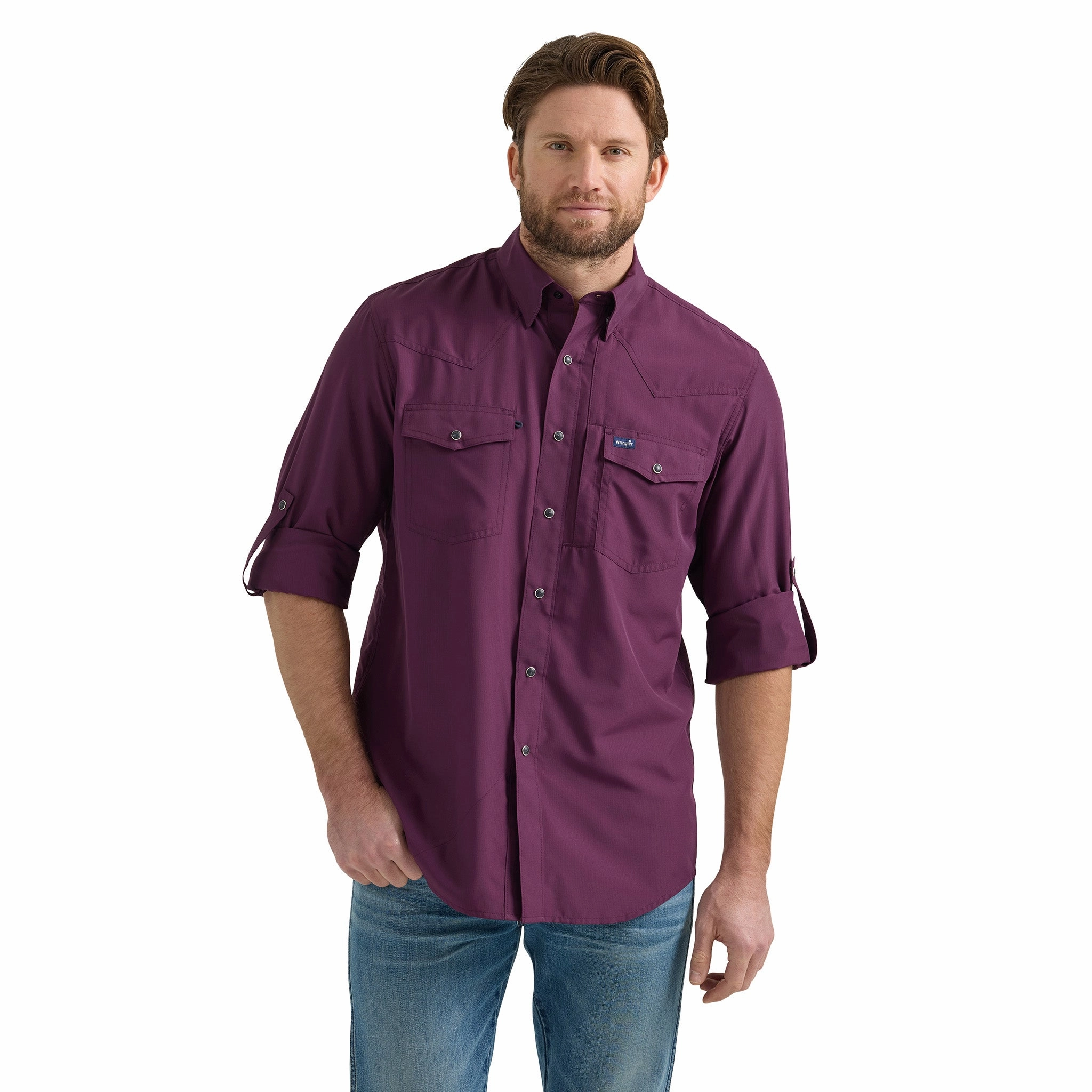 Wrangler Men's Performance Snap Long Sleeve Solid Shirt in Plum mix and match color block