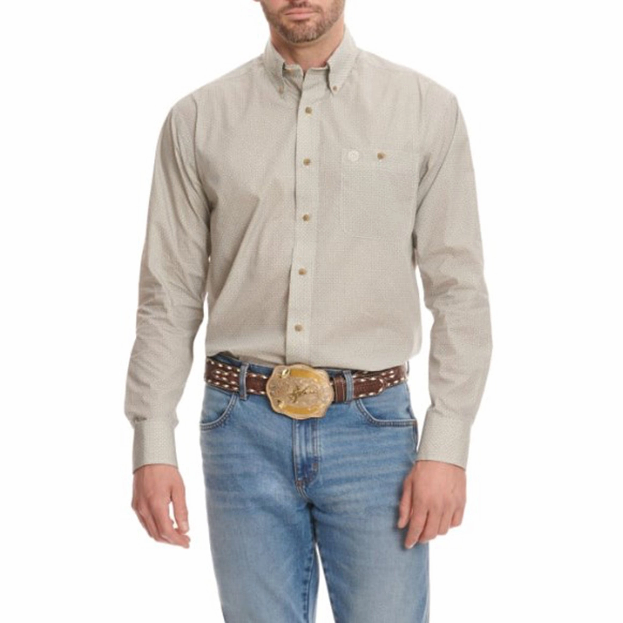 Smooth Cotton Blend Wrangler Men's Tan Diamond Print Shirt