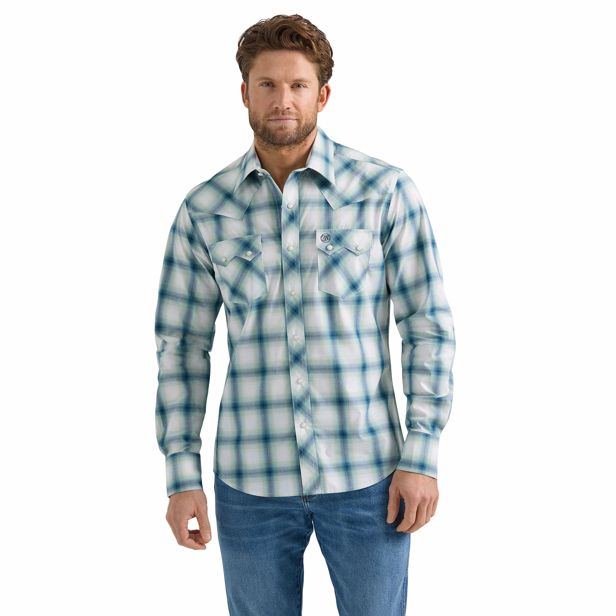 Timeless Piece Durable Stitching Wrangler Men's Teal & Navy & Cream Plaid Shirt