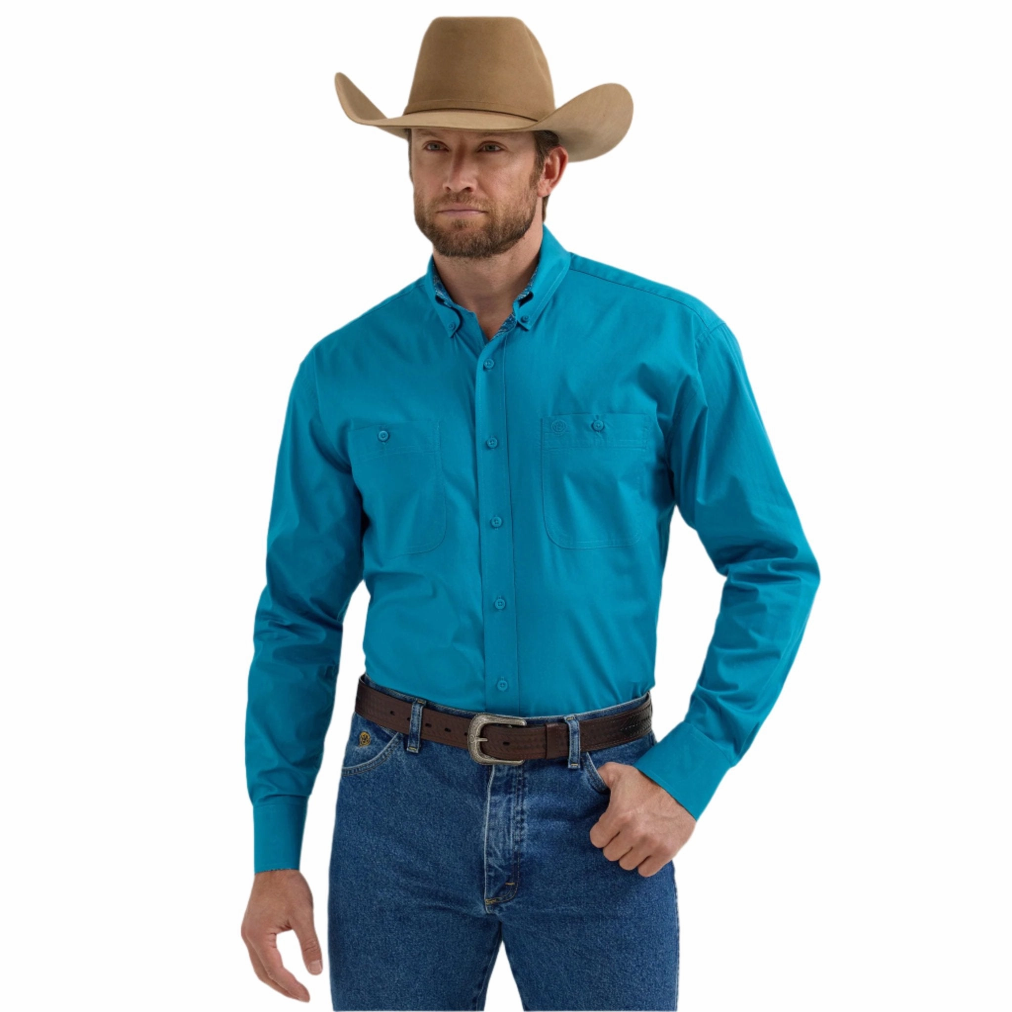 All day wearability Athletic Cut Wrangler Men's Teal George Strait Button Up Shirt
