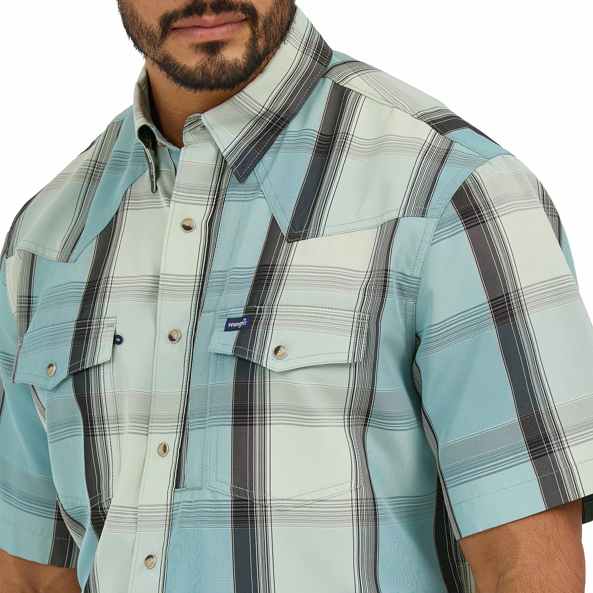 Unstructured Shoulder Reinforced Buttonholes Wrangler Men's Turquoise Plaid Short Sleeve