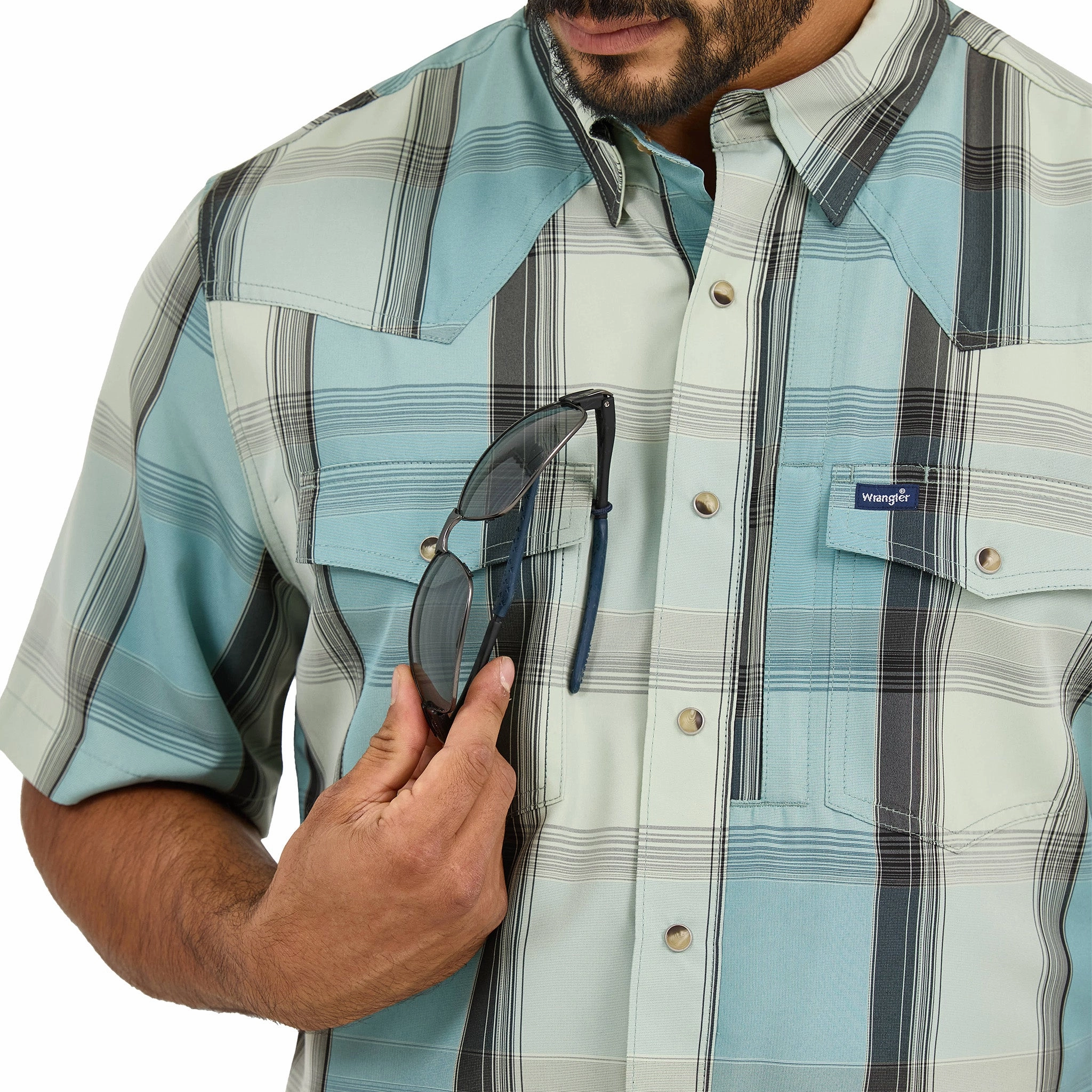 Wrangler Men's Turquoise Plaid Short Sleeve Structured Collar