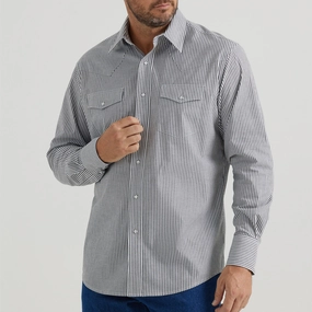 Wrangler Men's White/Charcoal Stripe Long Sleeve Moisture Wicking Layer Customizable Design