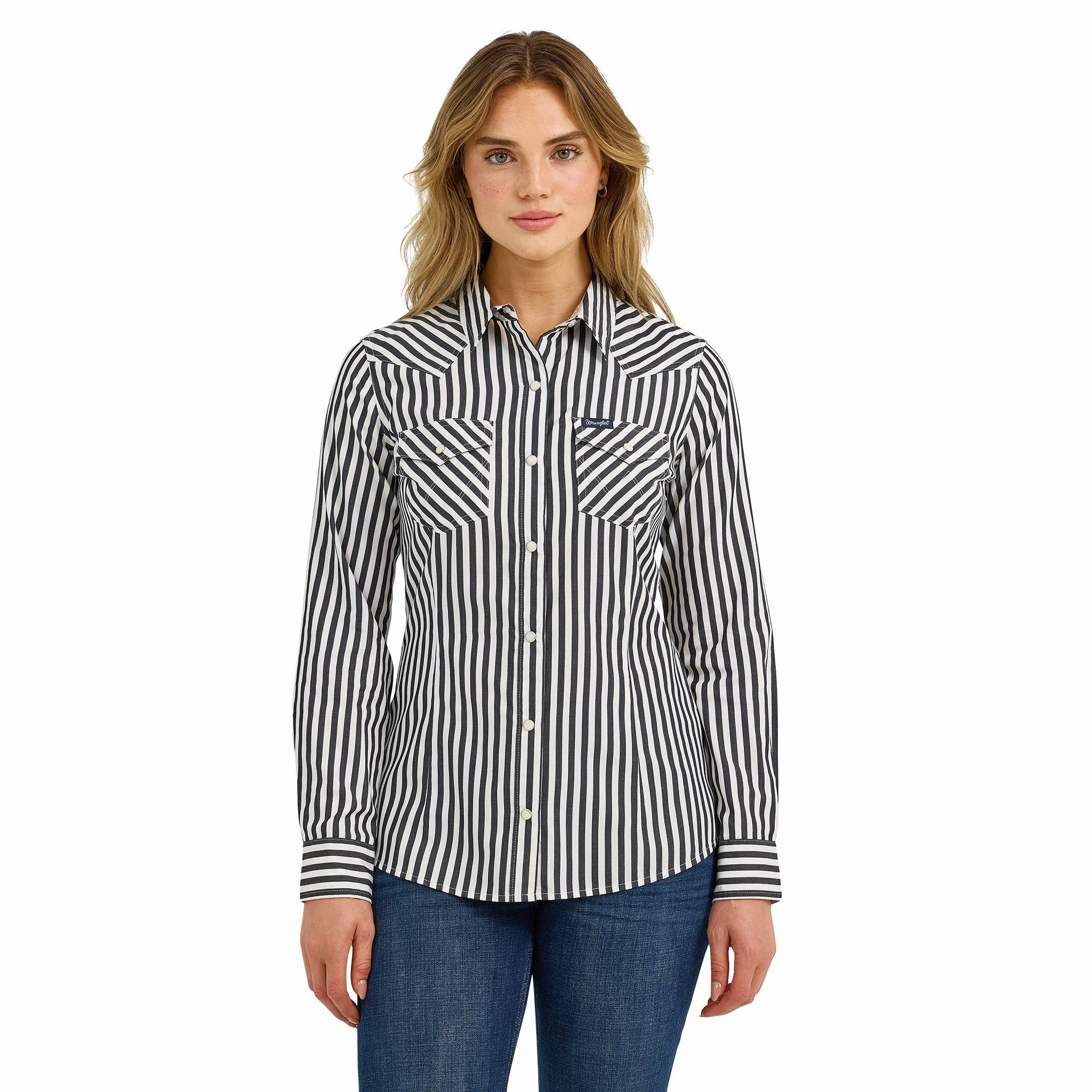 Wrangler Women's Black/White Striped Long Sleeve Shirt Breathable3DKnit EcoFriendly Manufacturing