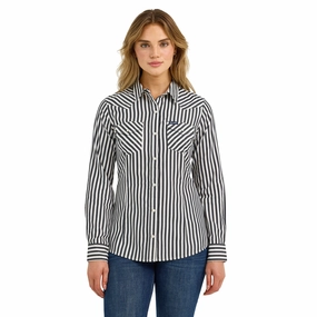 Wrangler Women's Black/White Striped Long Sleeve Shirt Breathable3DKnit EcoFriendly Manufacturing