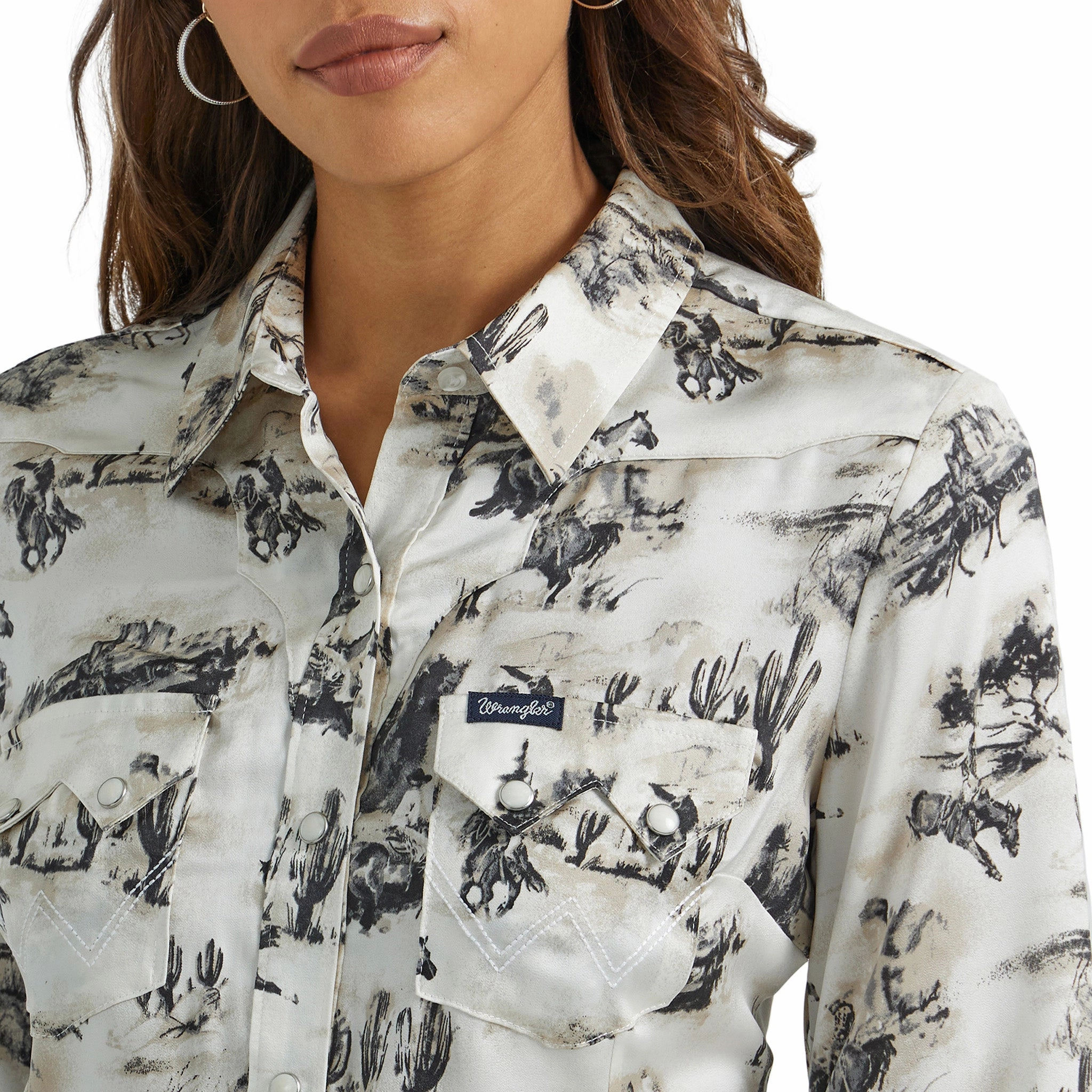 Wrangler Women's Bold Bucking Cowboy Pearl Snap Shirt FlatlockSeamTechnique YarnBlend