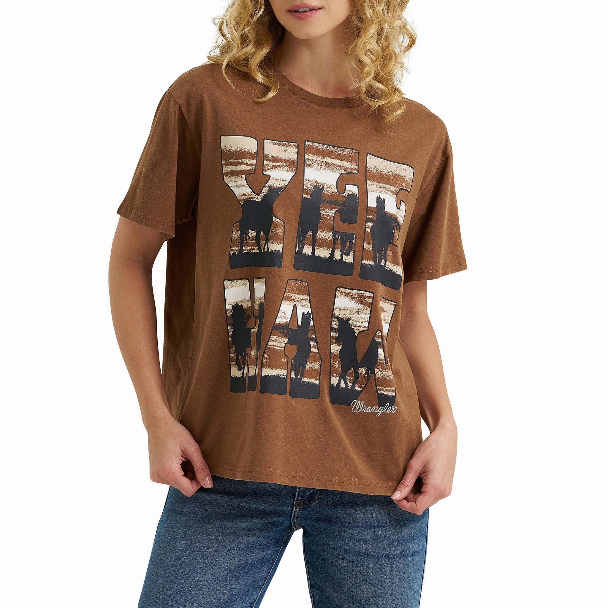 Distressed Texture Earthy Tone Colorways Wrangler Women's Brown Yeehaw Oversize T-Shirt