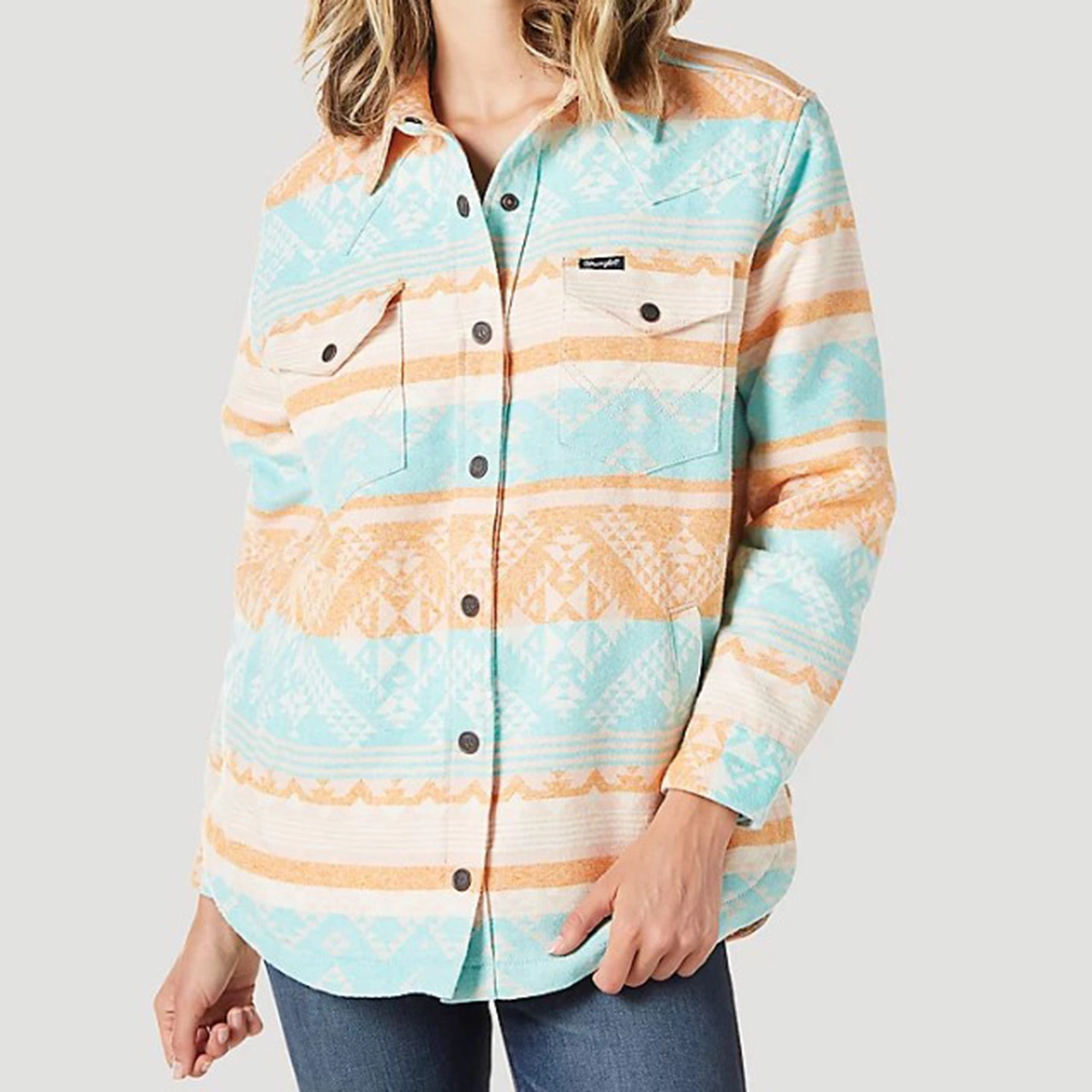 Heat Reflective Tech Wrangler Women's Coral & Mint Aztec Shacket