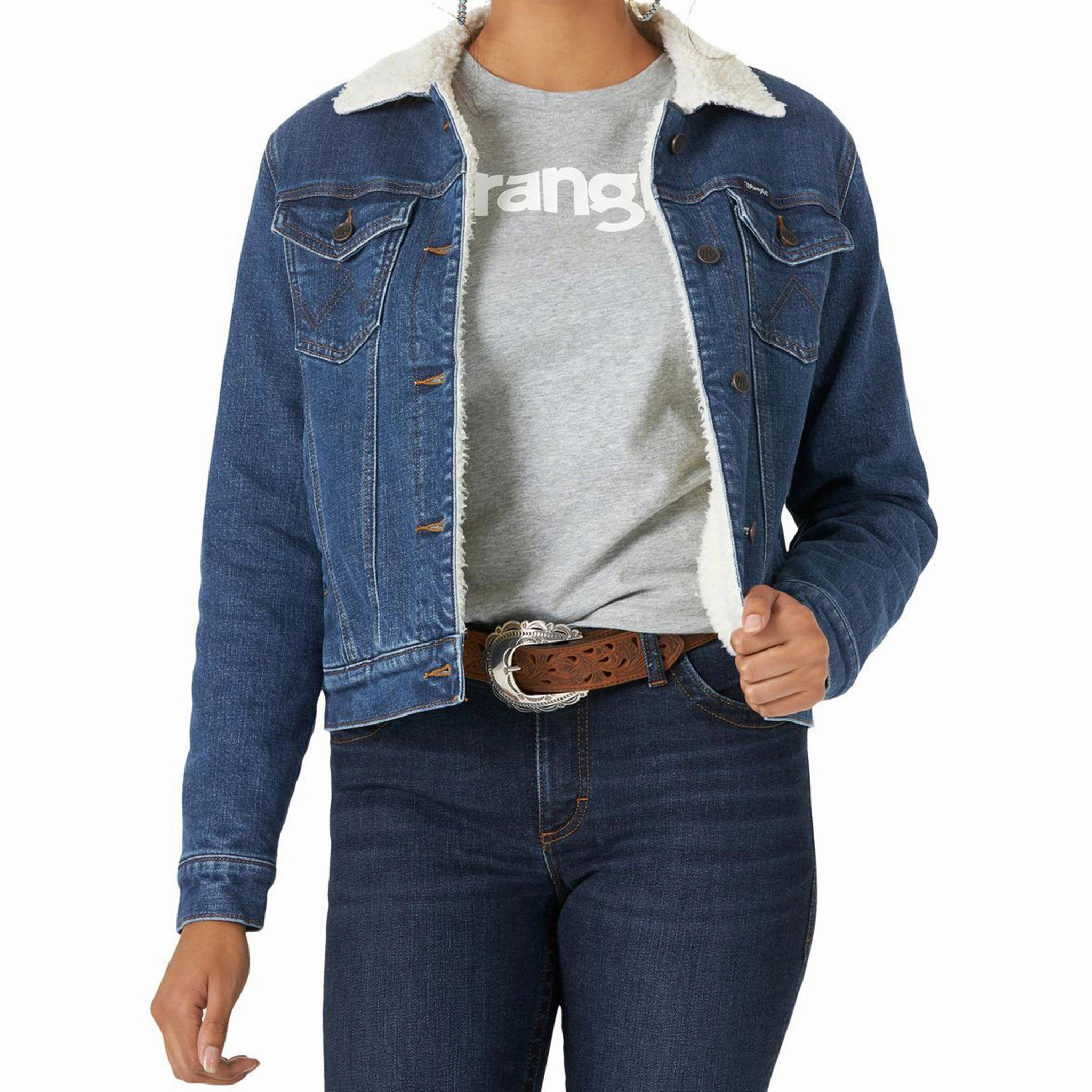 Double Layered Collar Vegan Fabric Wrangler Women's Denim Sherpa Jacket