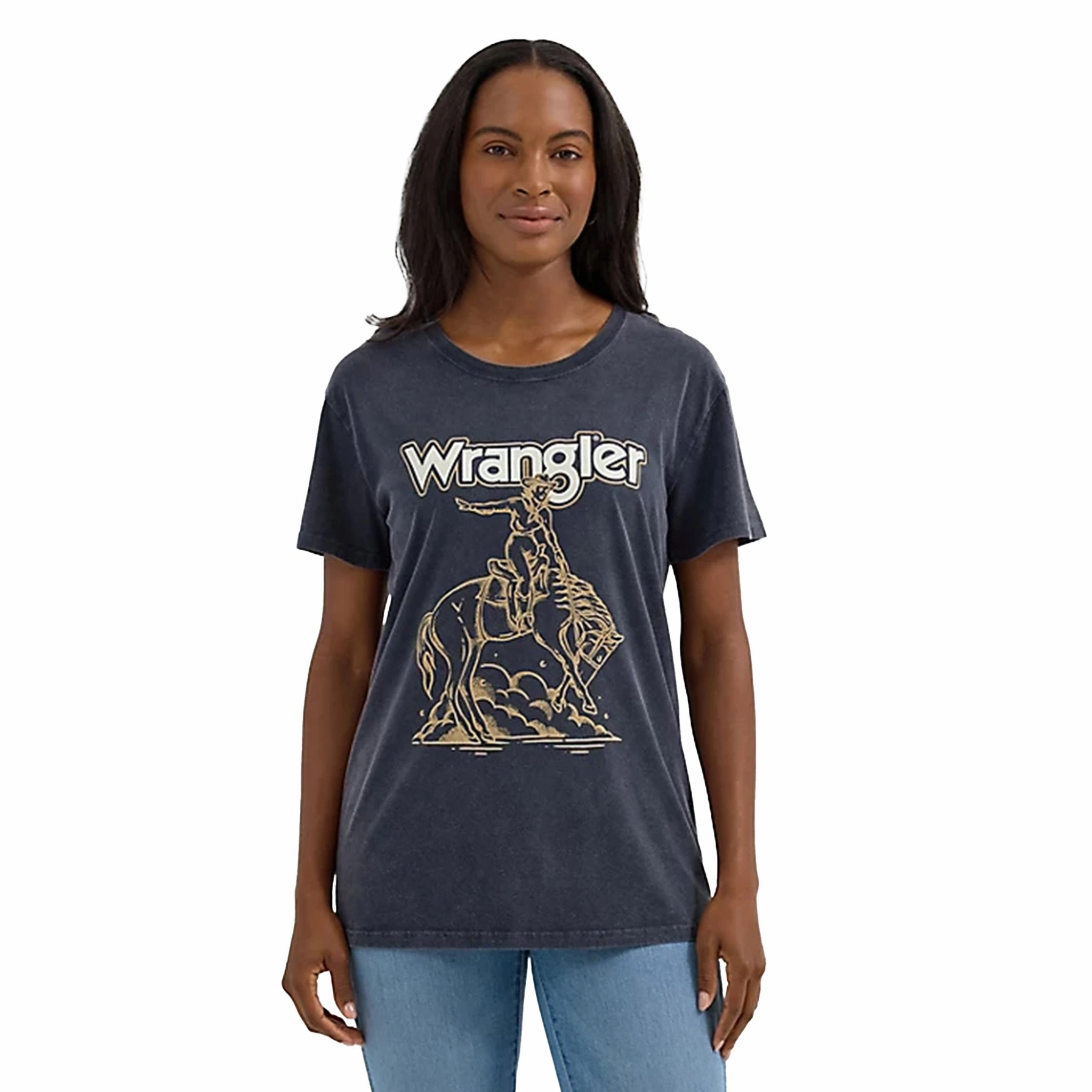 Wrangler Women's Faded Black Boyfriend Tee MultiPanel Design Flexible Cuffs
