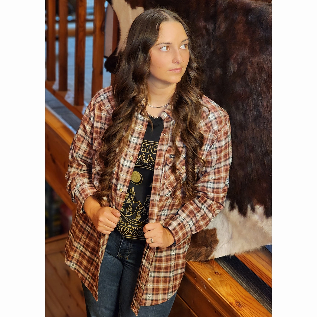 Wrangler Women's Flannel Snap Plaid Shirt Self Fabric Tie Closure AntiPilling Technology