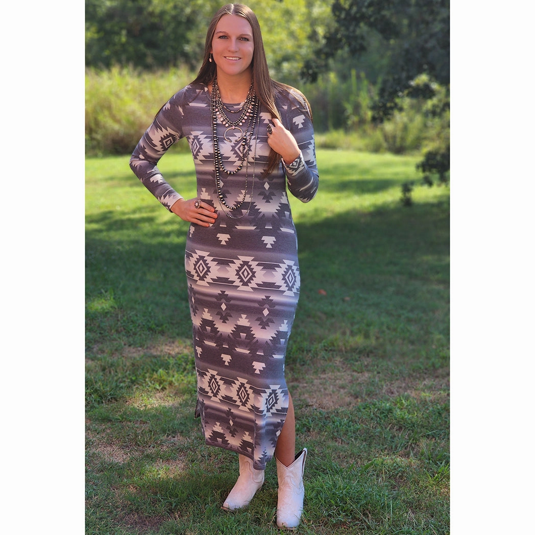 Wrangler Women's Grey & White Aztec Dress DoubleLayered Neckline Multi Panel Construction