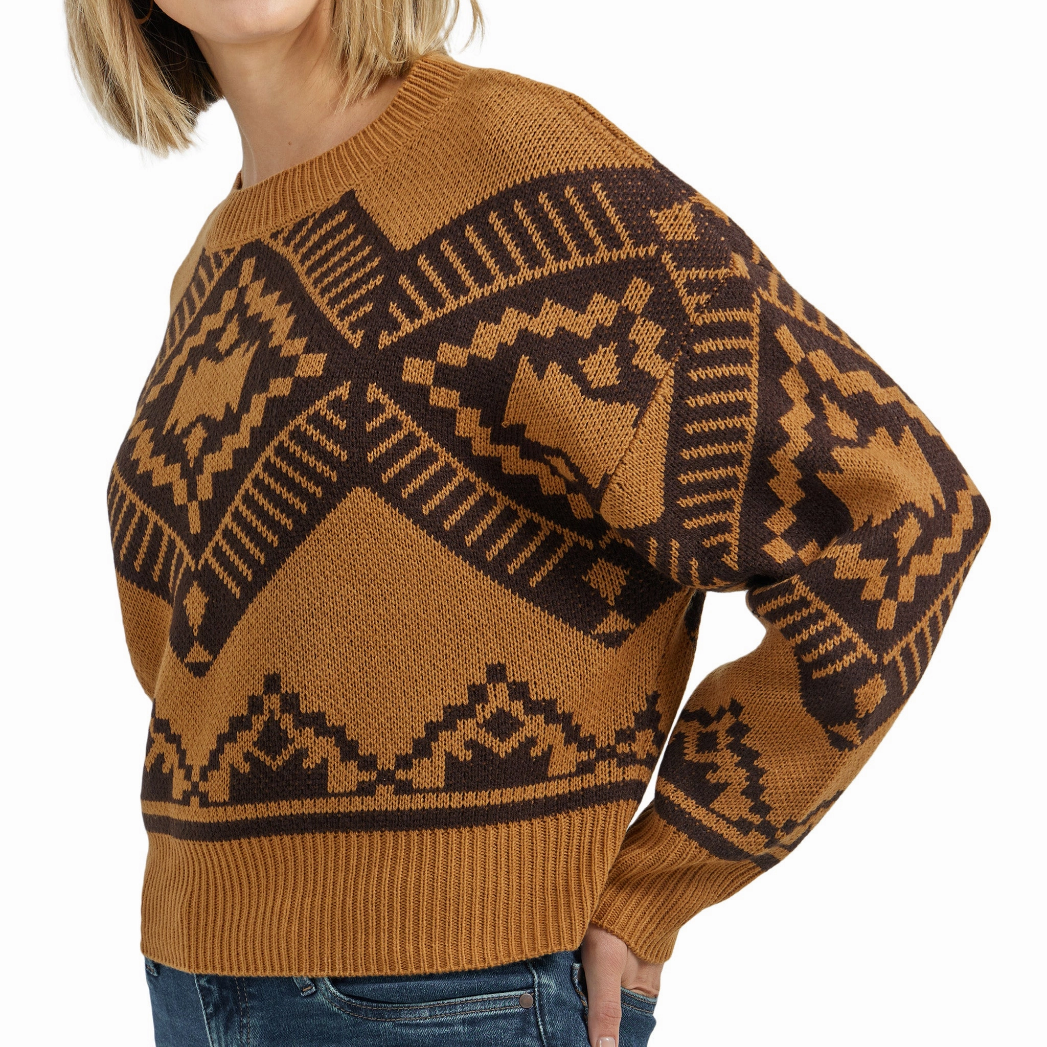 AdjustableCuffs Interlock Weave Wrangler Women's Jewel Brown Aztec Print Sweater