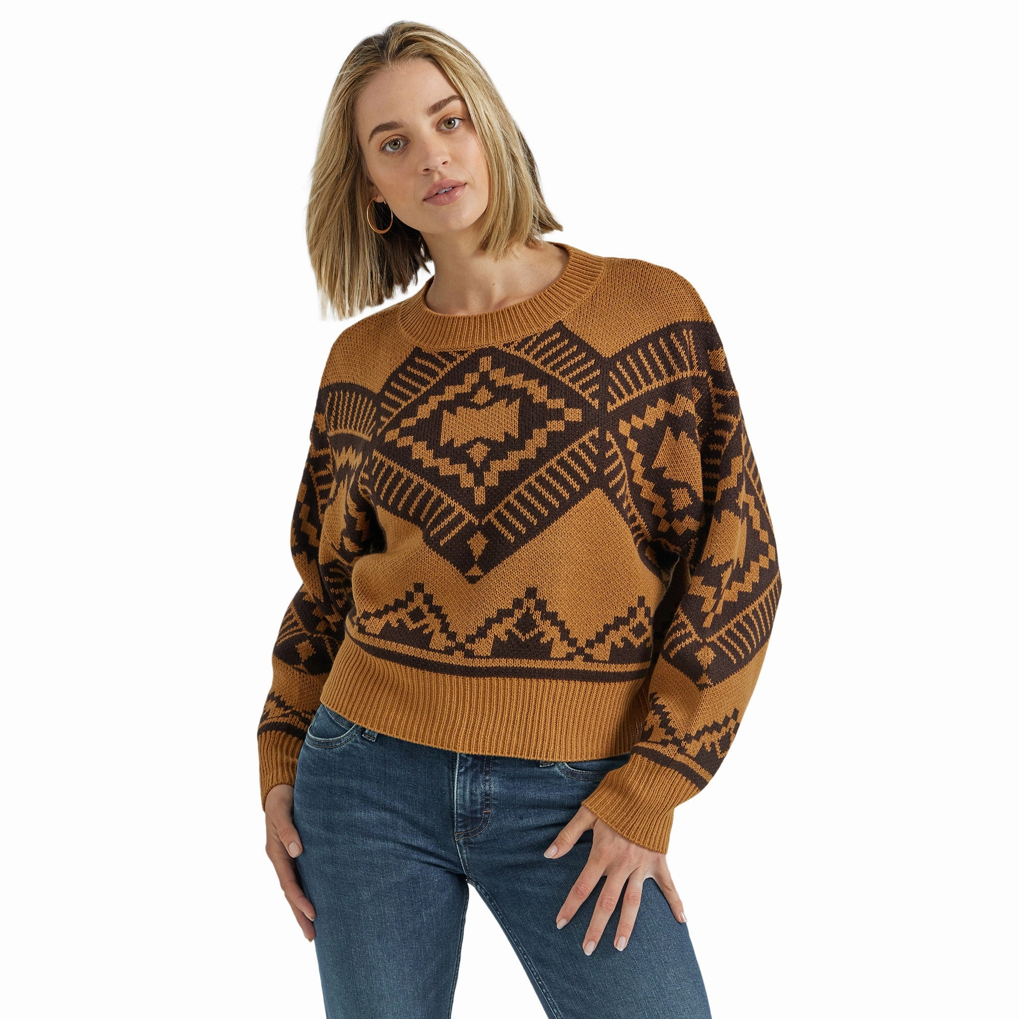 LightReflectiveTrim Silicone Print Detail Wrangler Women's Jewel Brown Aztec Print Sweater
