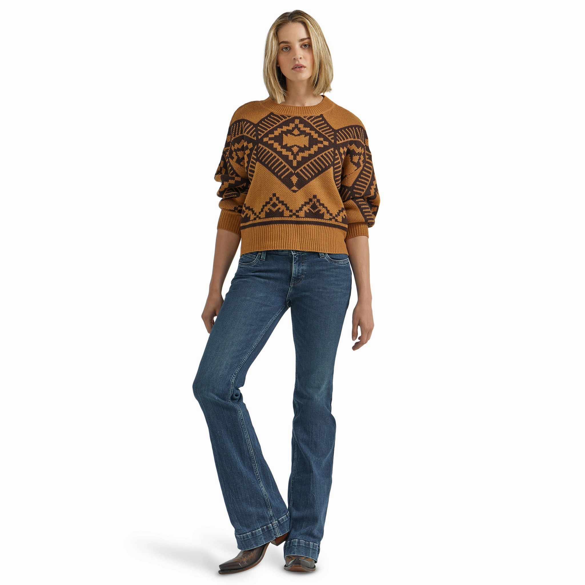 Curved Hem Design Compact Stitching Wrangler Women's Jewel Brown Aztec Print Sweater
