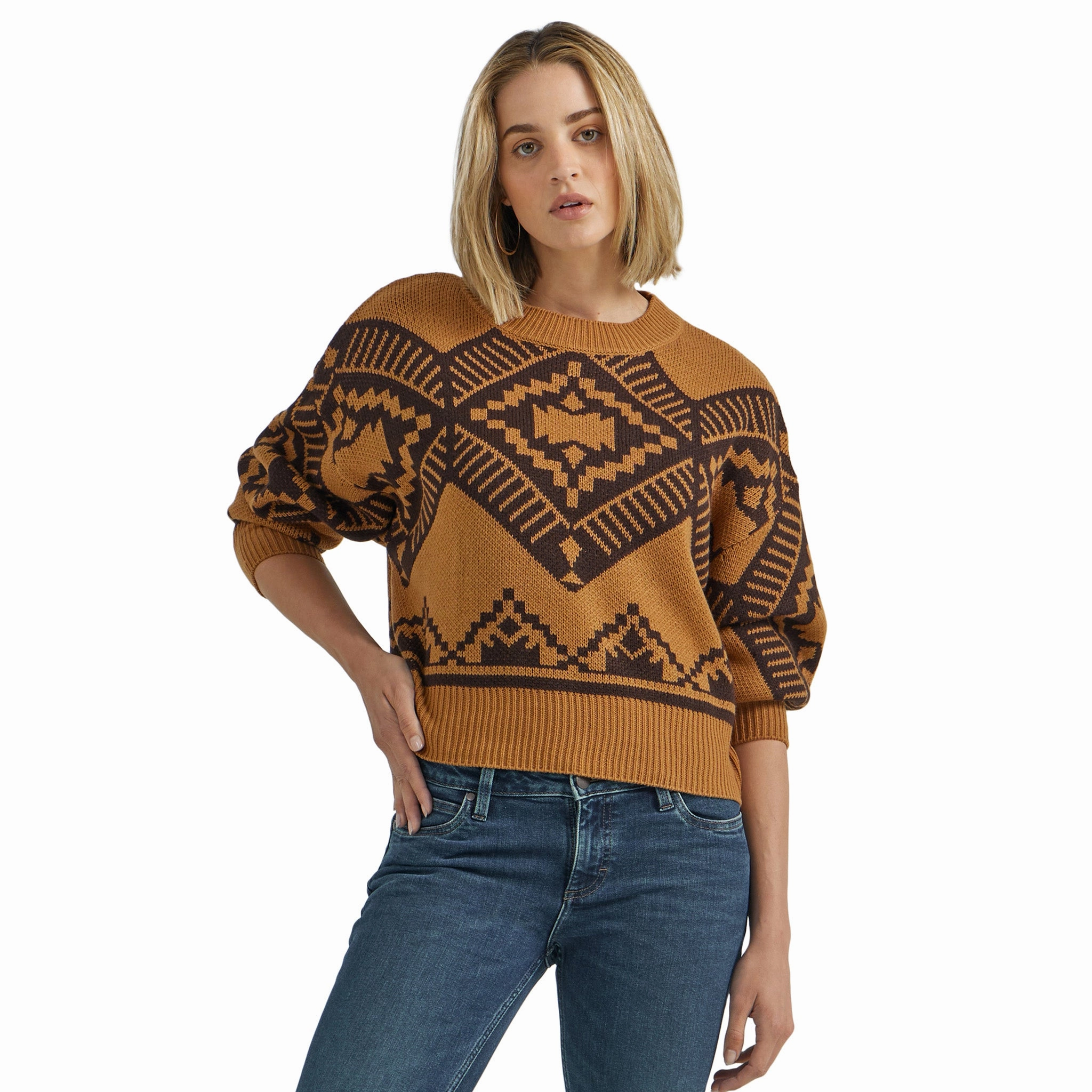 Flexible Hemline DoubleStitched Hem Wrangler Women's Jewel Brown Aztec Print Sweater