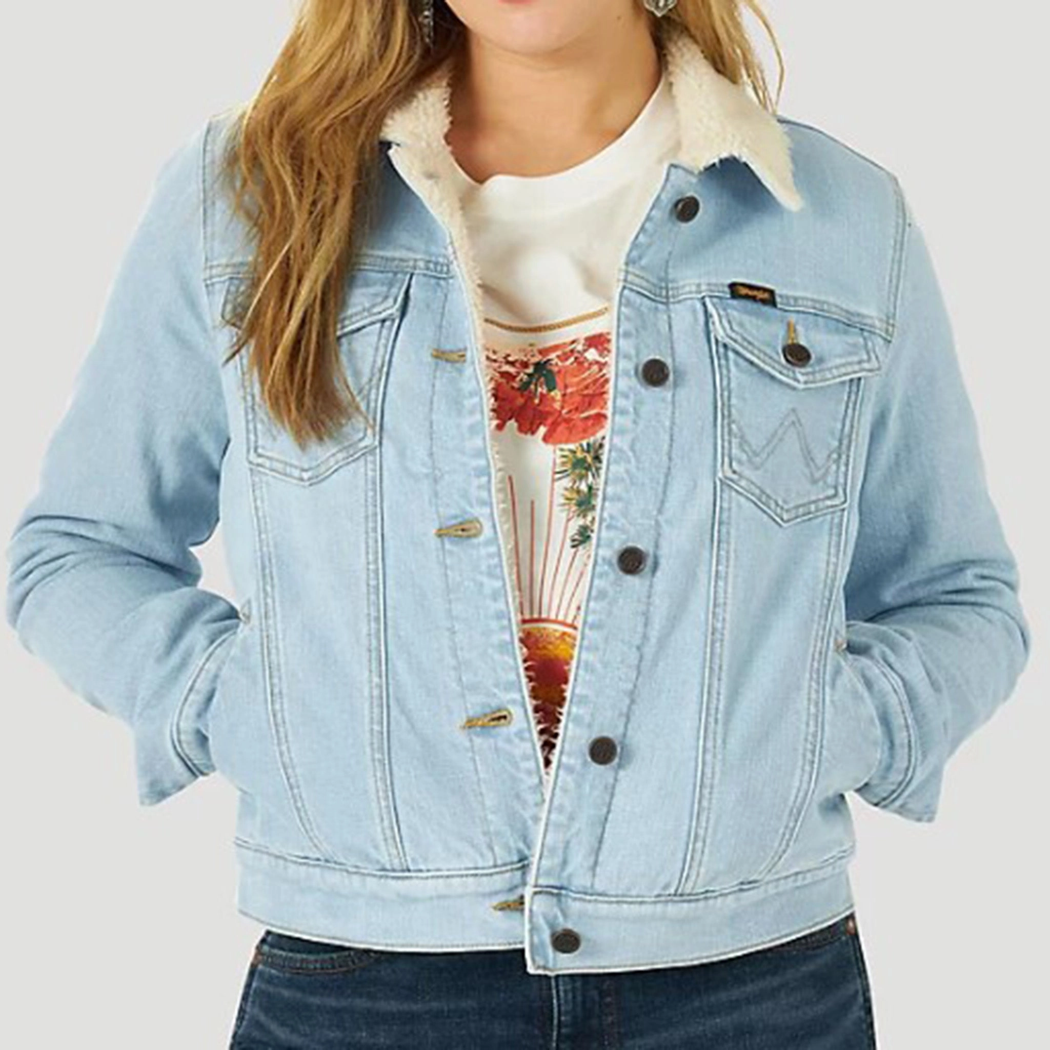 Wrangler Women's Light Wash Sherpa Denim Jacket Taped Seam Technology