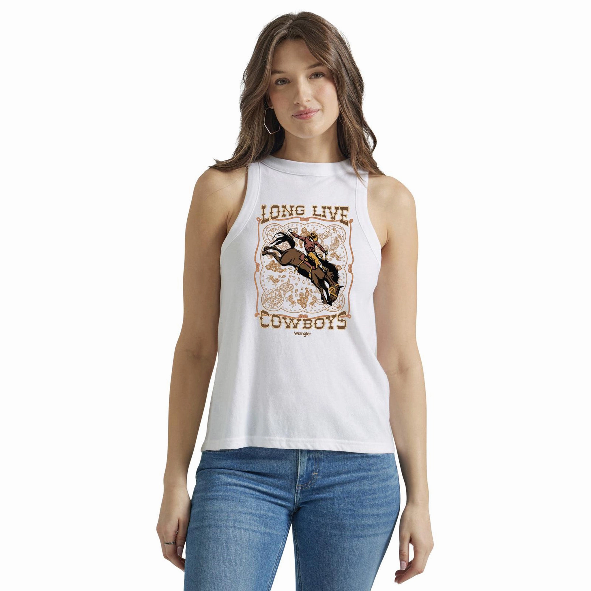 Hydrophobic Threadwork Wrangler Women's Long Live Cowboys Cream Tank