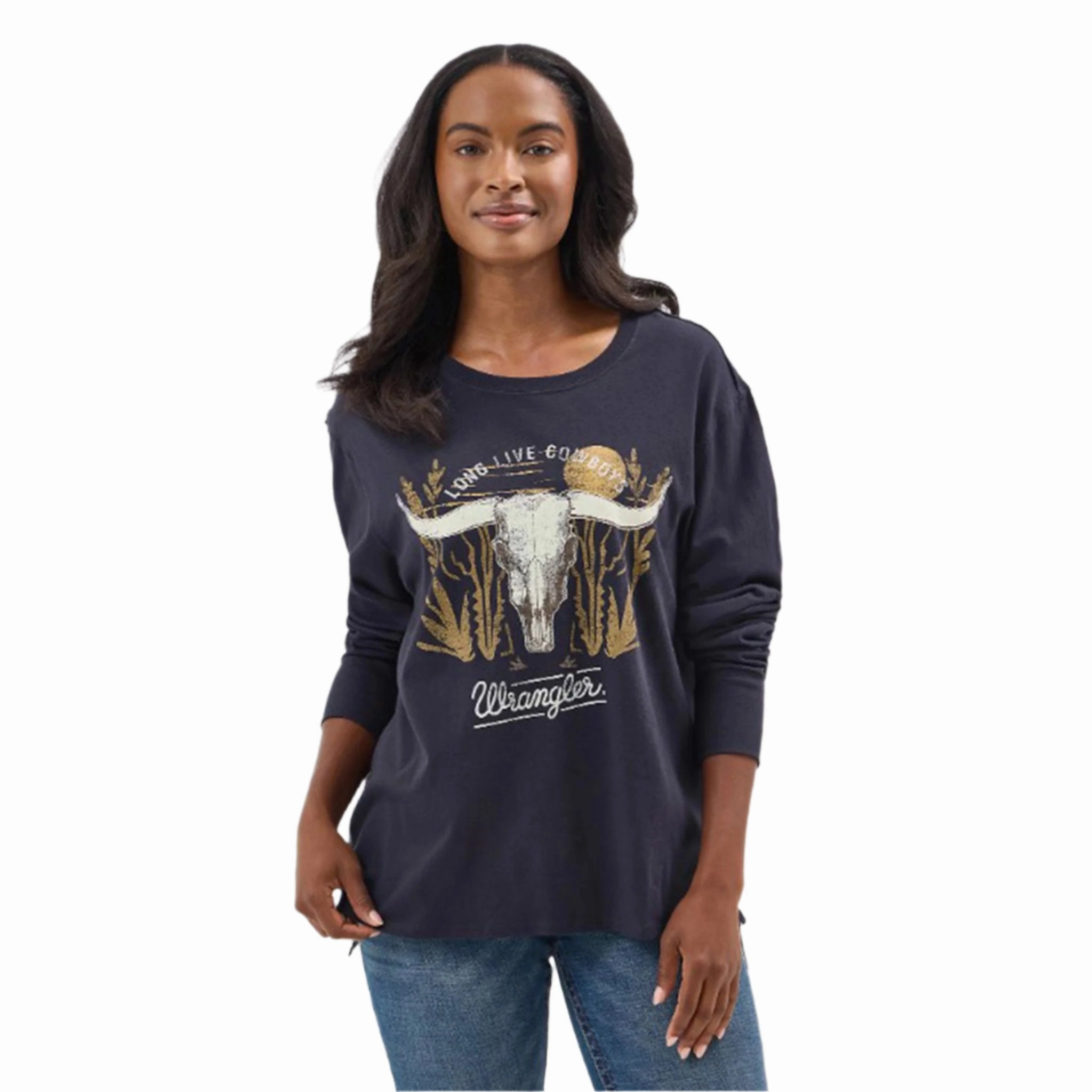 AthleisureReady Wrangler Women's Navy Long Sleeve Steer Skull