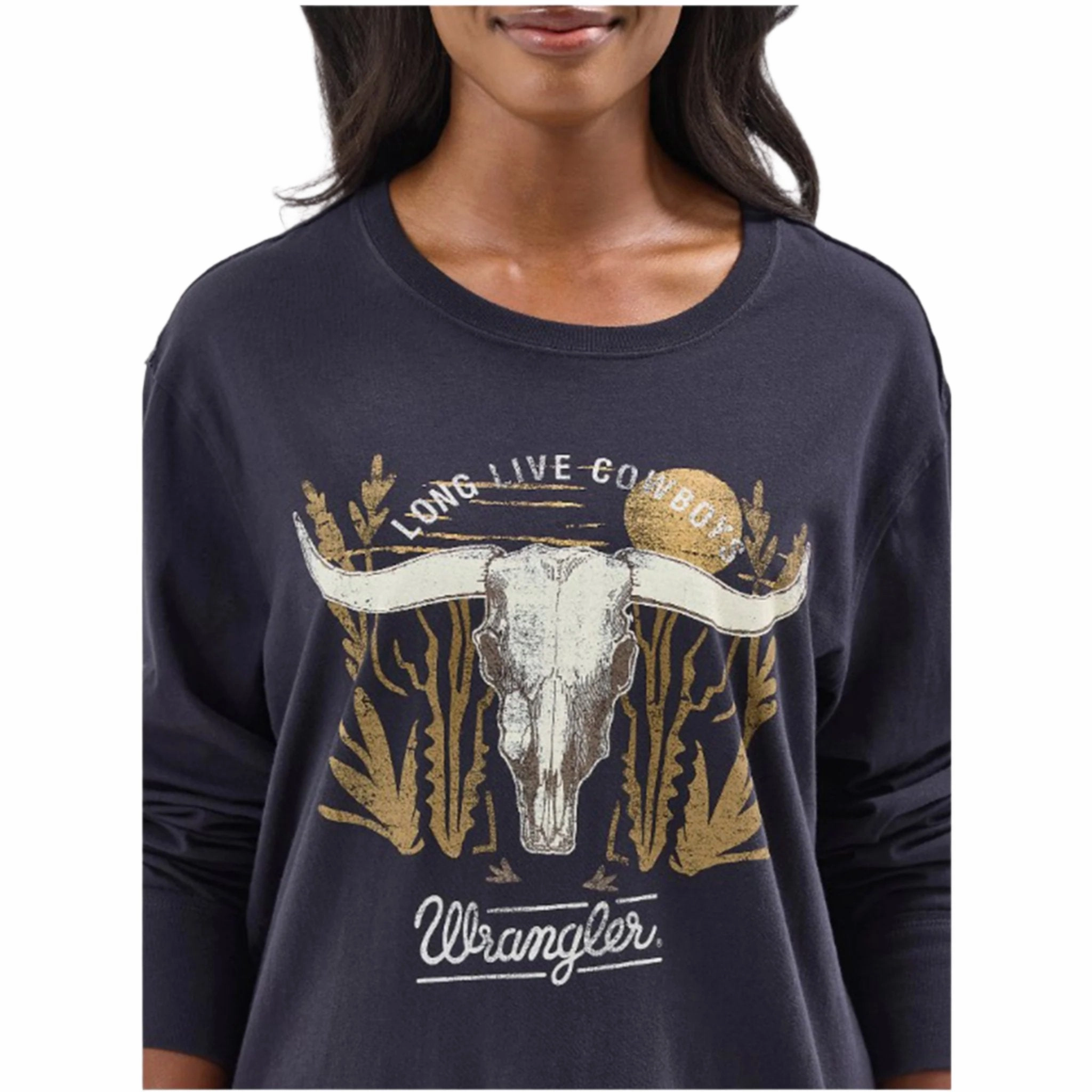 FourWayStretch High Neckline Structure Wrangler Women's Navy Long Sleeve Steer Skull