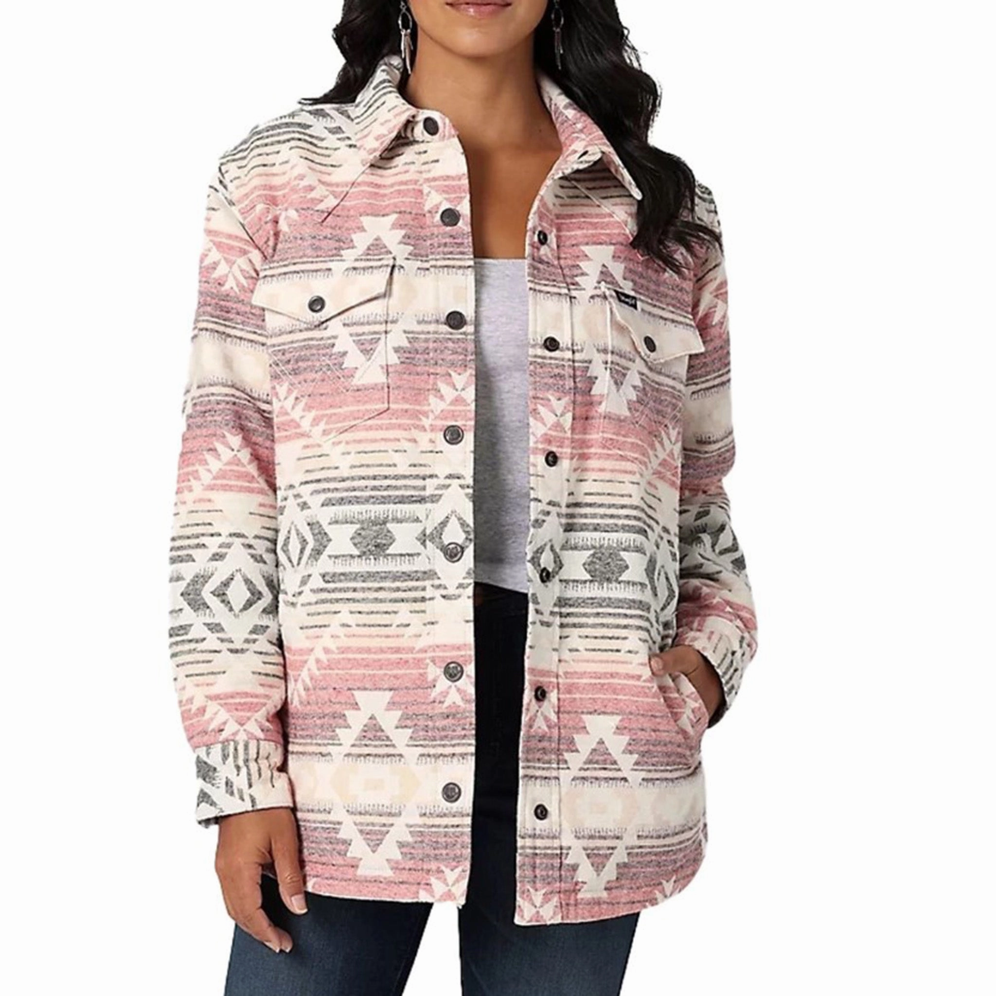 Wrangler Women's Pink & White Aztec Shacket Matte Fabric