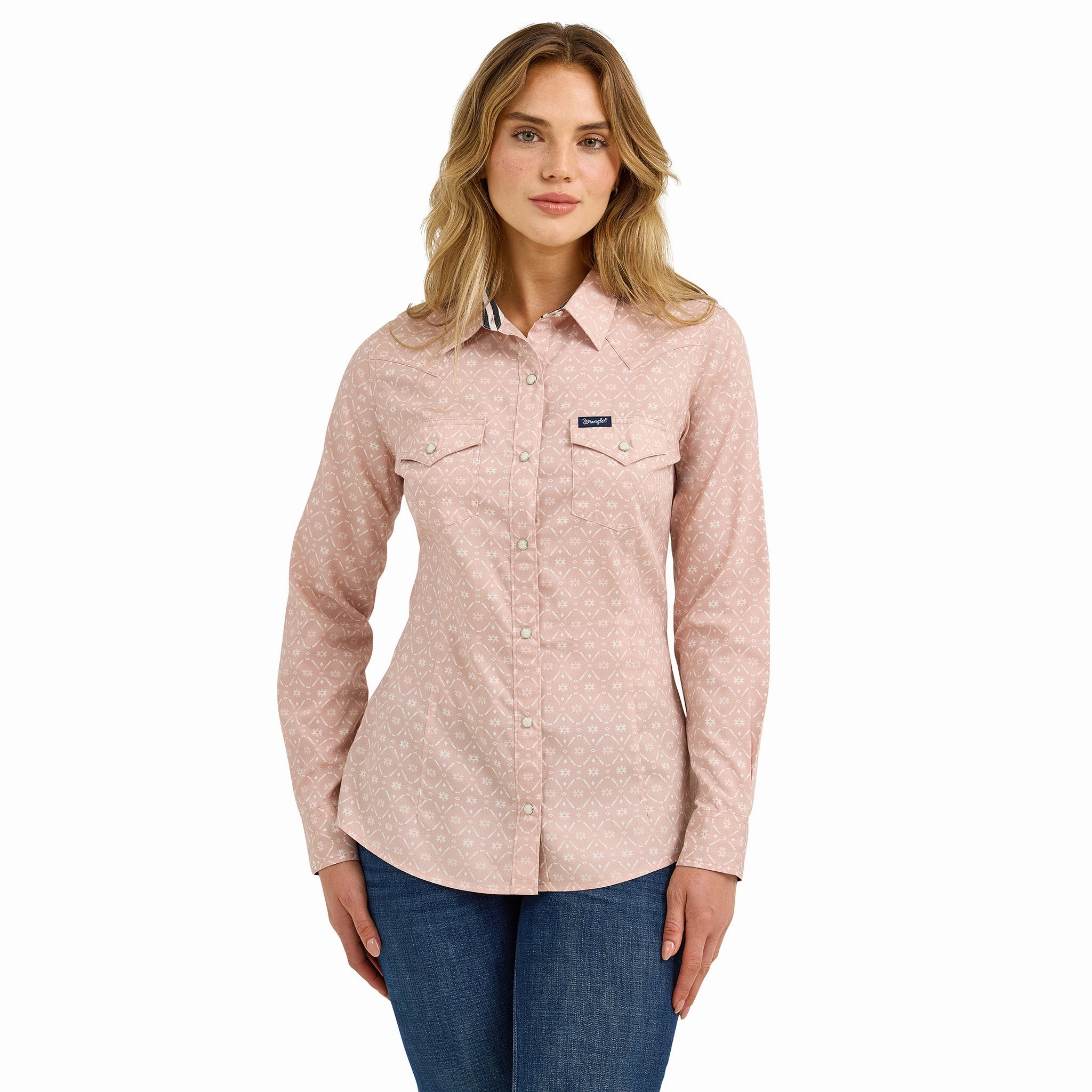 Wrangler Women's Pink, White Geo Flower Long Sleeve Shirt Butter Soft Handfeel