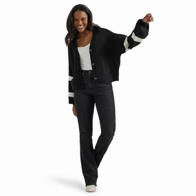 Wrangler Women's Preppy Logo Black Cardigan Ergonomic Sleeve Shaping No Static