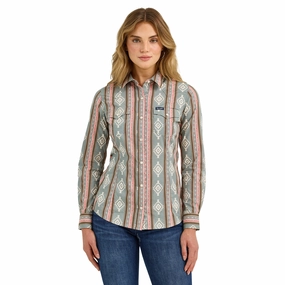 Wrangler Women's Retro Green Aztec Long Sleeve Shirt WideNeckline