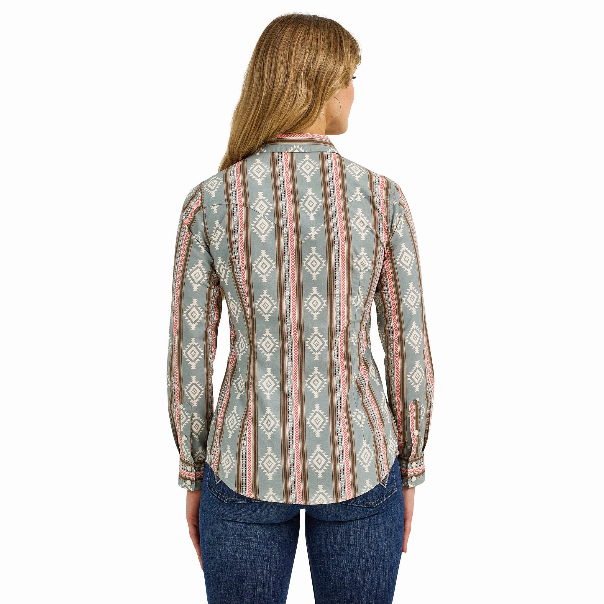 Hidden Zipper Closure Wrangler Women's Retro Green Aztec Long Sleeve Shirt