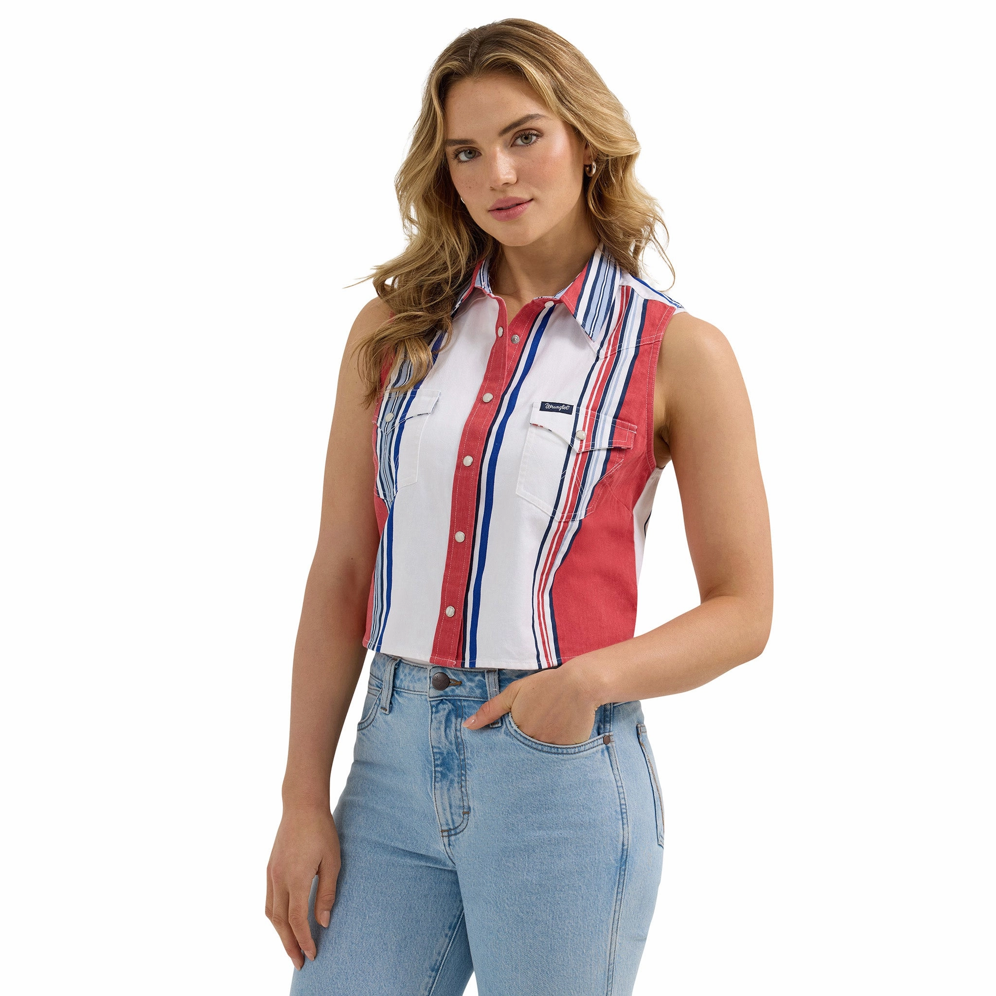 Flexible Ribbed Cuffs Microfiber Material Wrangler Women's Stripe Brushpopper Sleeveless Crop Top