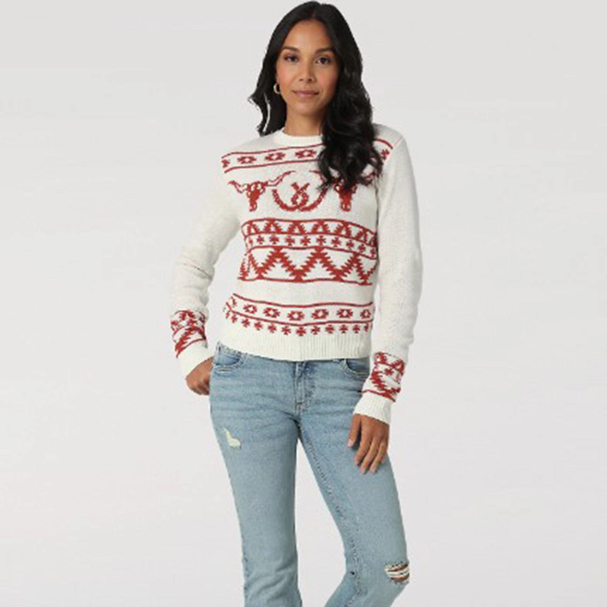 Wrangler Women's White/Red Skull Sweater Relaxed Silhouette LightweightMaterial