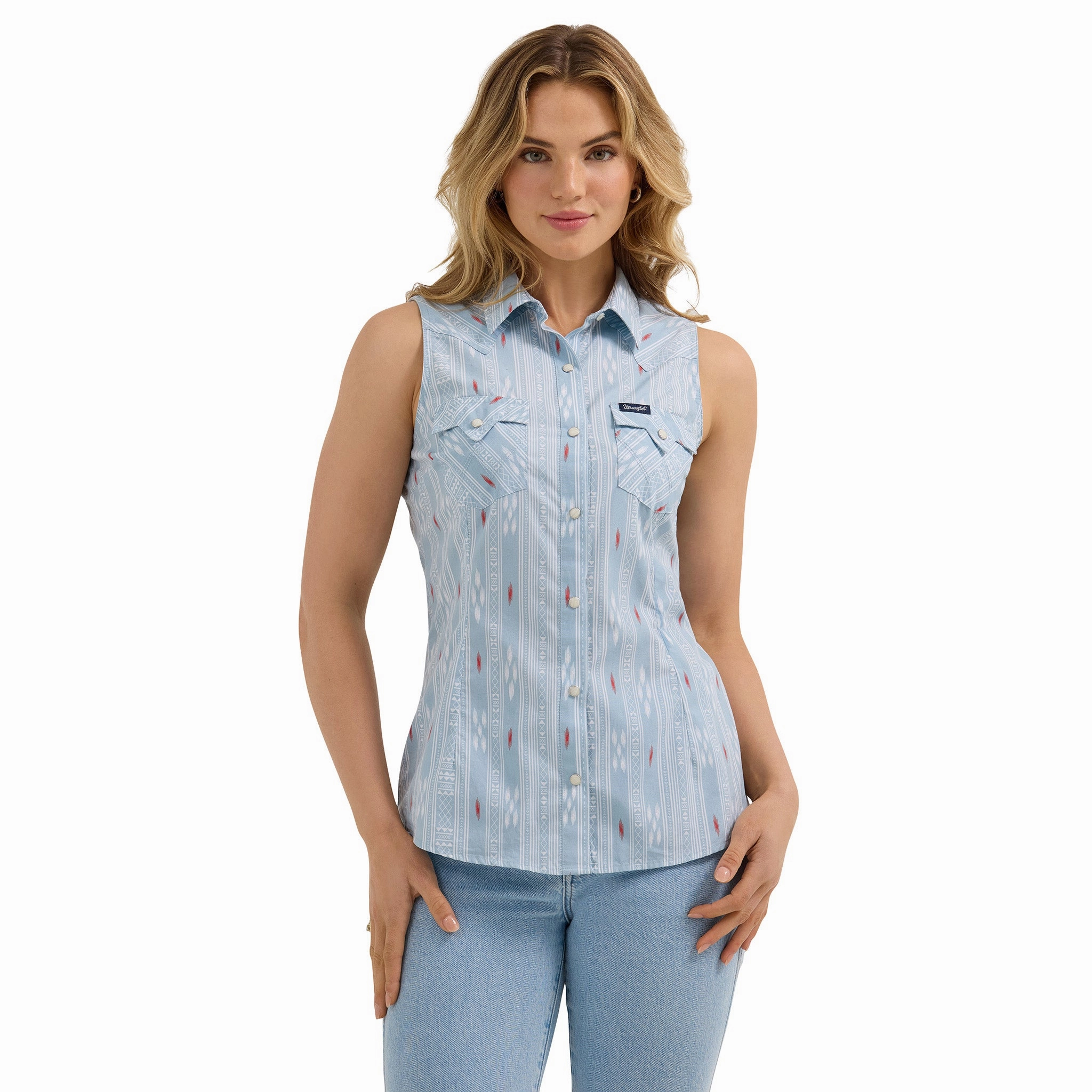 UltraFineMesh Flexible Knit Fabric Wrangler Women's Retro Stripe Pearl Snap Sleeveless Tank